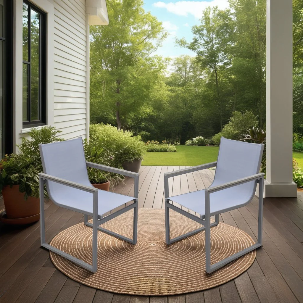 Bistro Outdoor Patio Dining Chair in Gray Powder Coated Finish with Gray Sling Textilene and Gray Wood Accent Arms - Set of 2 - Image 7