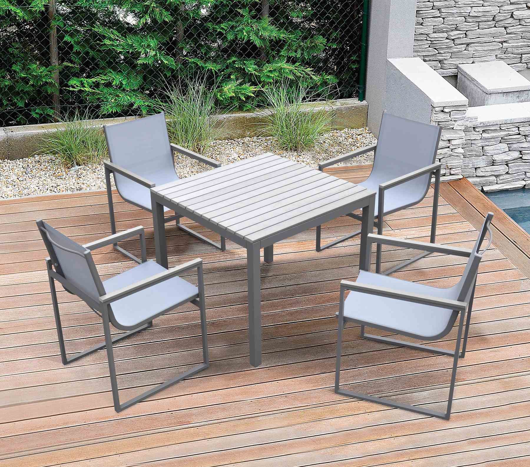 Bistro Outdoor Patio Dining Table in Gray Powder Coated Finish with Gray Wood Top - Image 5