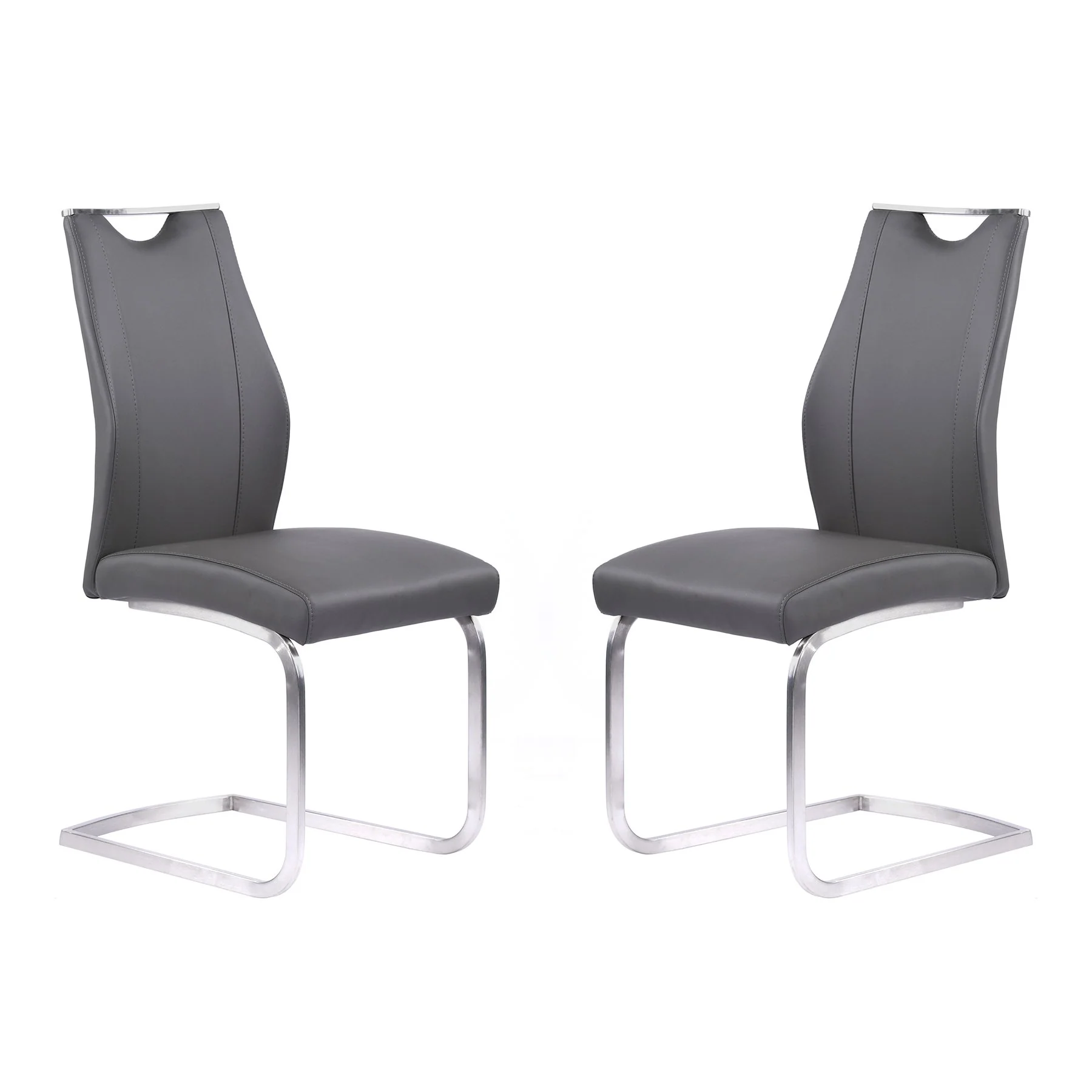 Bravo Contemporary Dining Chair in Gray Faux Leather and Brushed Stainless Steel Finish - Set of 2