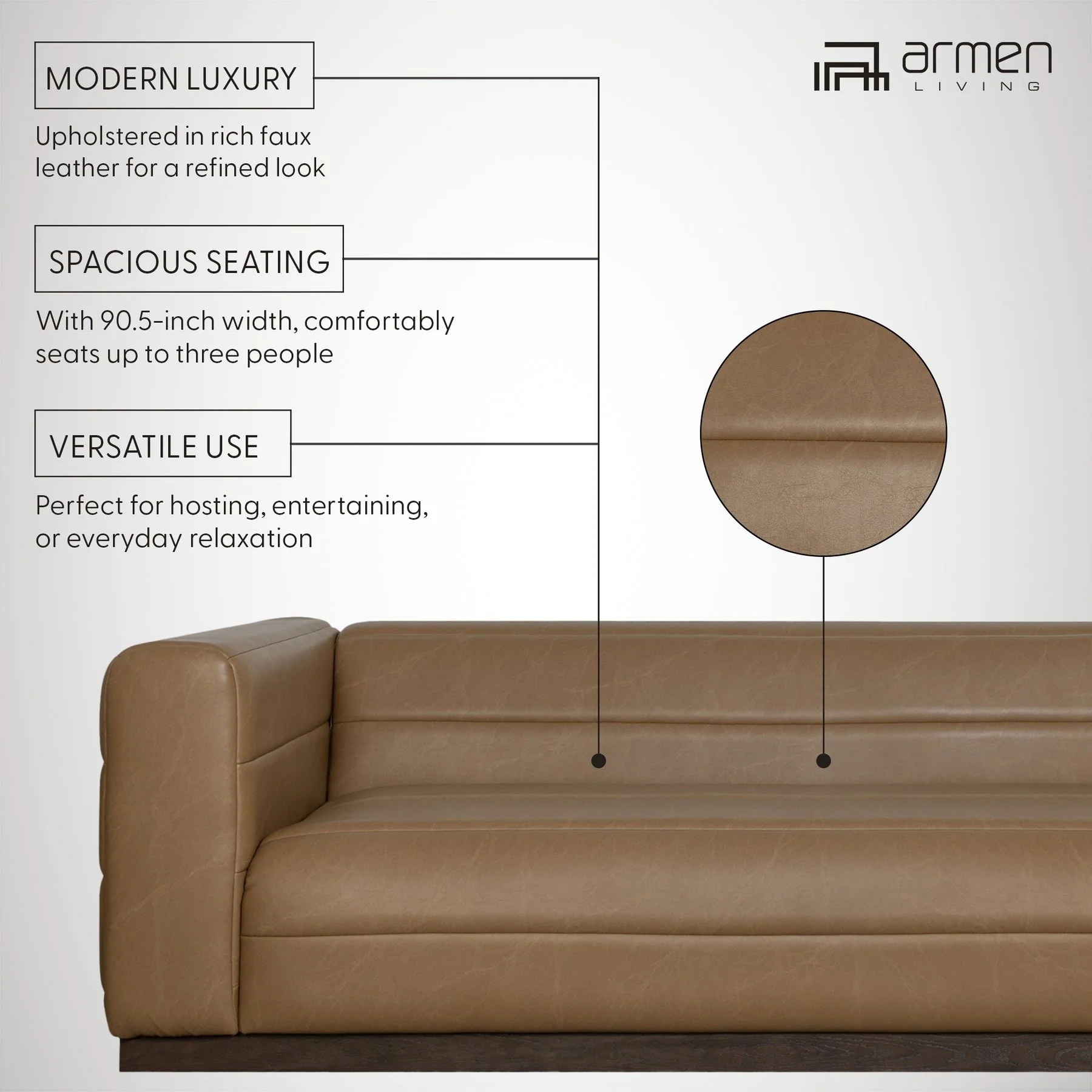 Brea 90.5 in. 3-Seater Sofa in Bistre Brown Faux Leather with Rectangular Seat and Square Arms - Image 10
