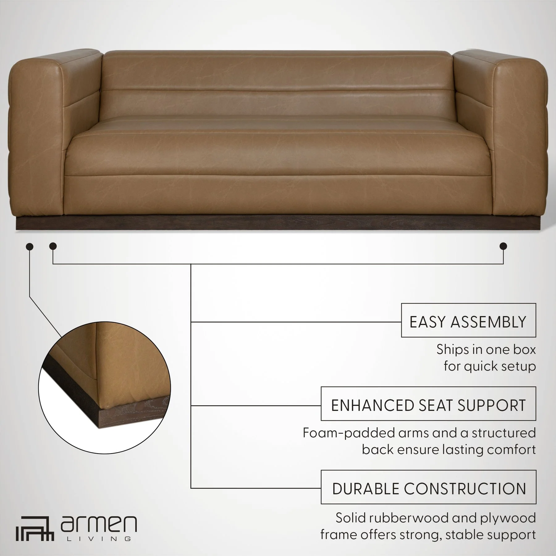 Brea 90.5 in. 3-Seater Sofa in Bistre Brown Faux Leather with Rectangular Seat and Square Arms - Image 11