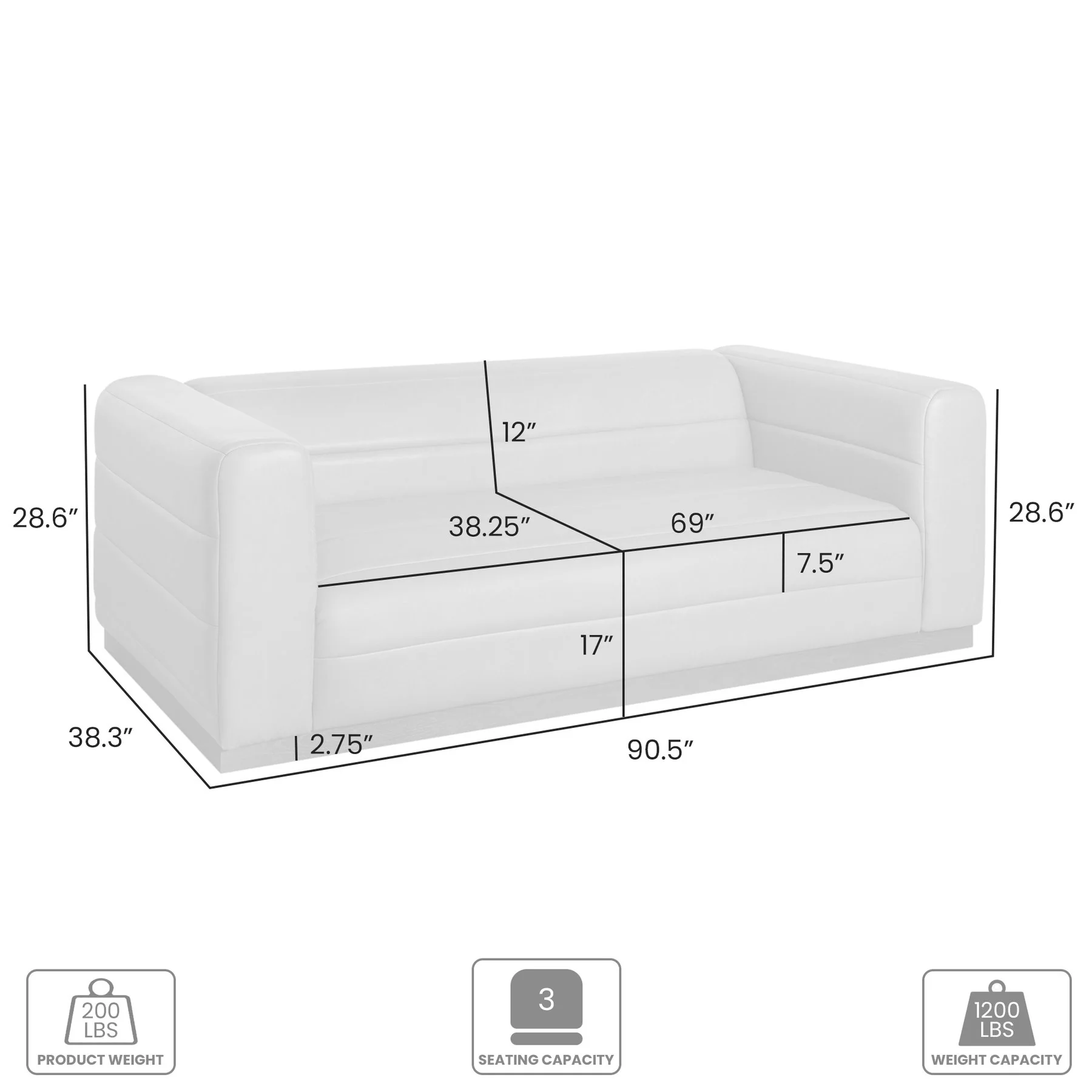 Brea 90.5 in. 3-Seater Sofa in Bistre Brown Faux Leather with Rectangular Seat and Square Arms - Image 7