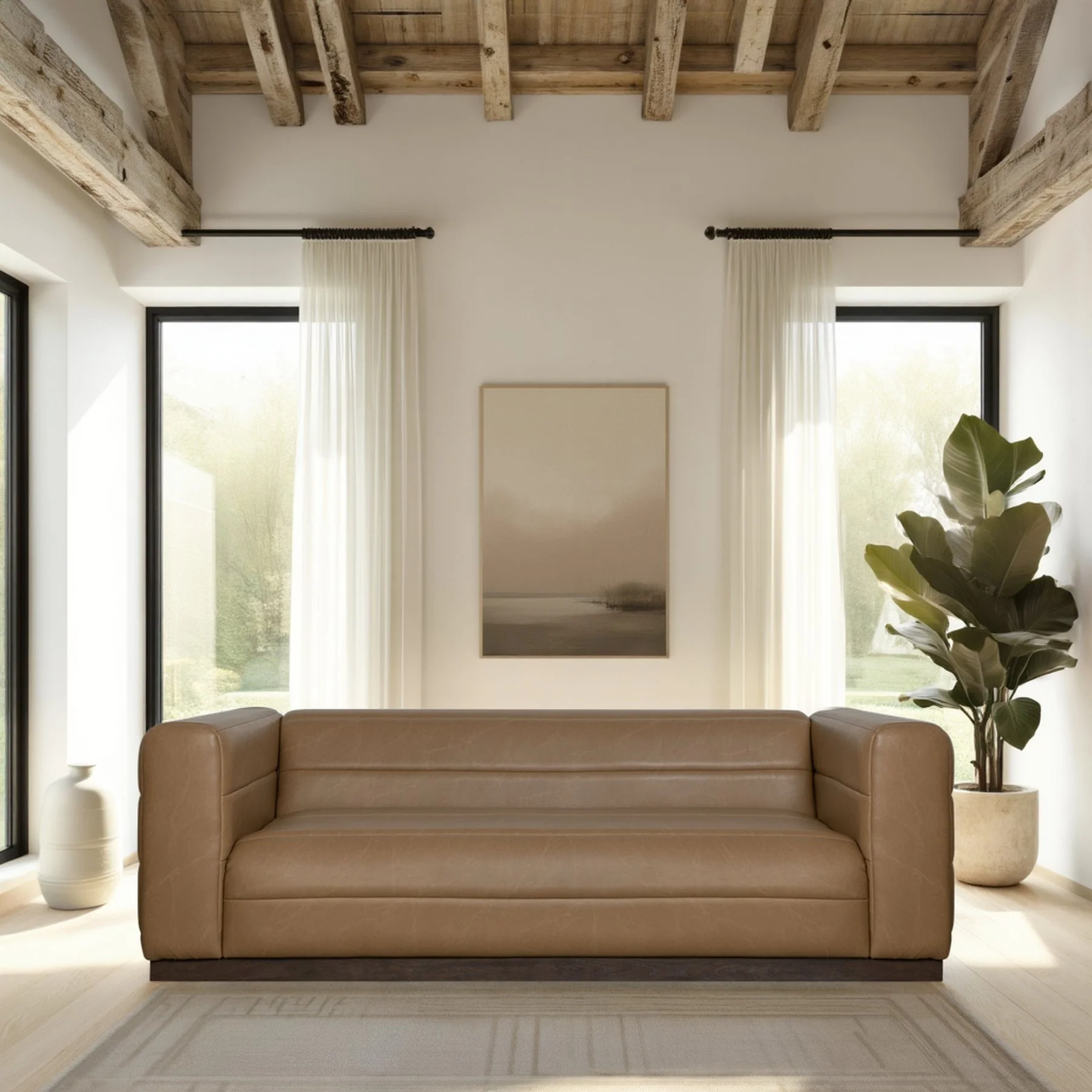 Brea 90.5 in. 3-Seater Sofa in Bistre Brown Faux Leather with Rectangular Seat and Square Arms - Image 9