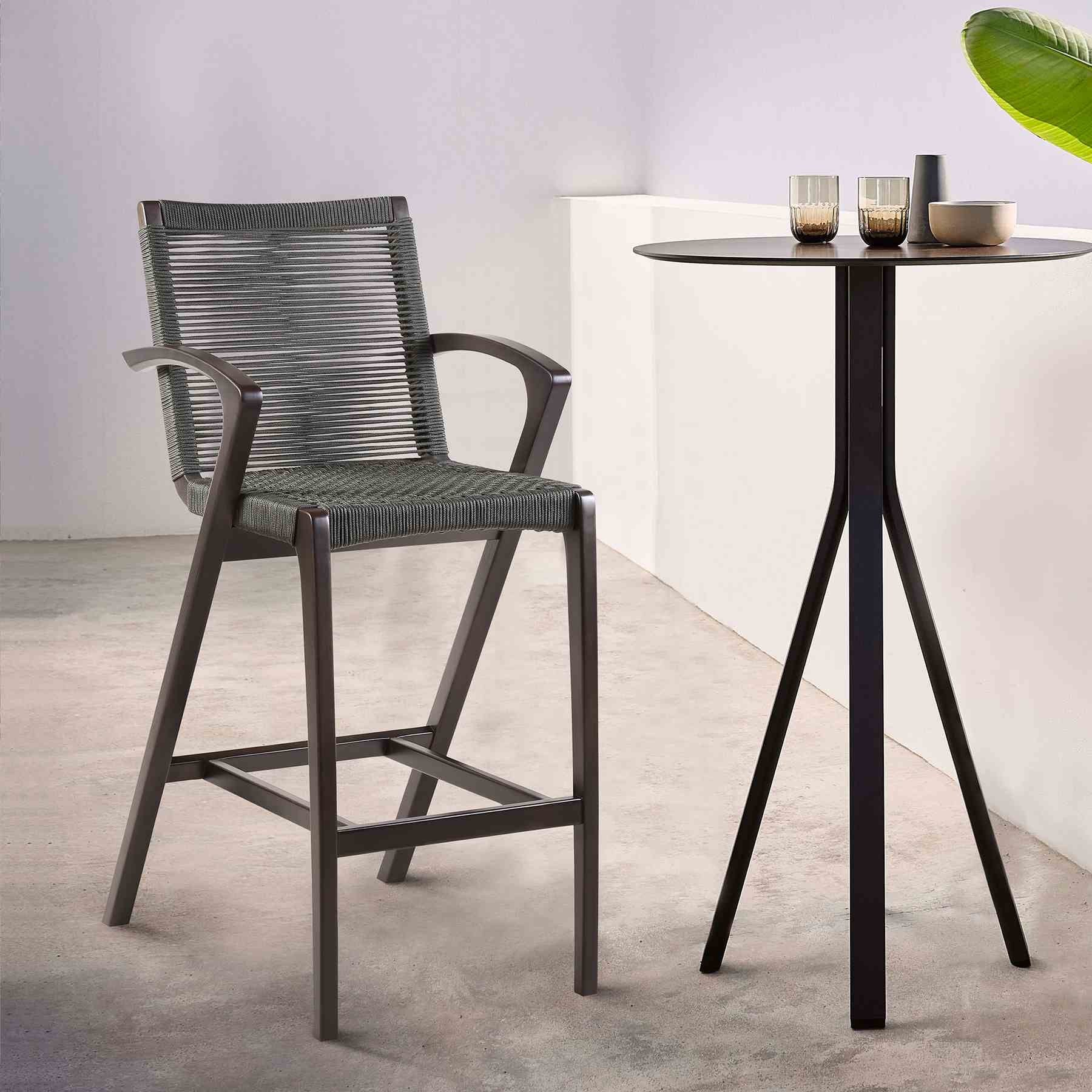 Brielle Outdoor Dark Eucalyptus Wood and Gray Rope Bar Height Stool - Image 10