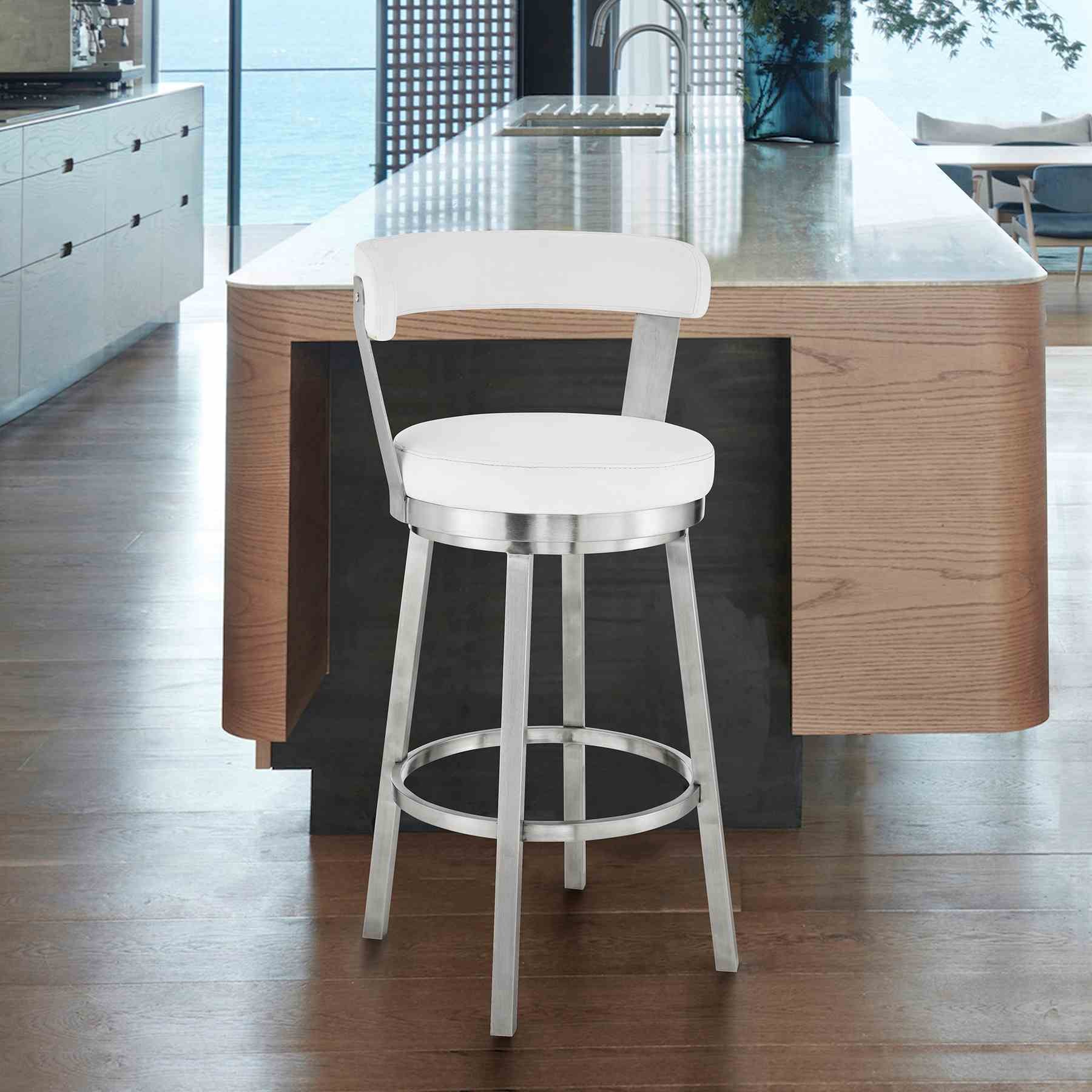 Bryant 26" Counter Height Swivel Bar Stool in Brushed Stainless Steel Finish and White Faux Leather - Image 9
