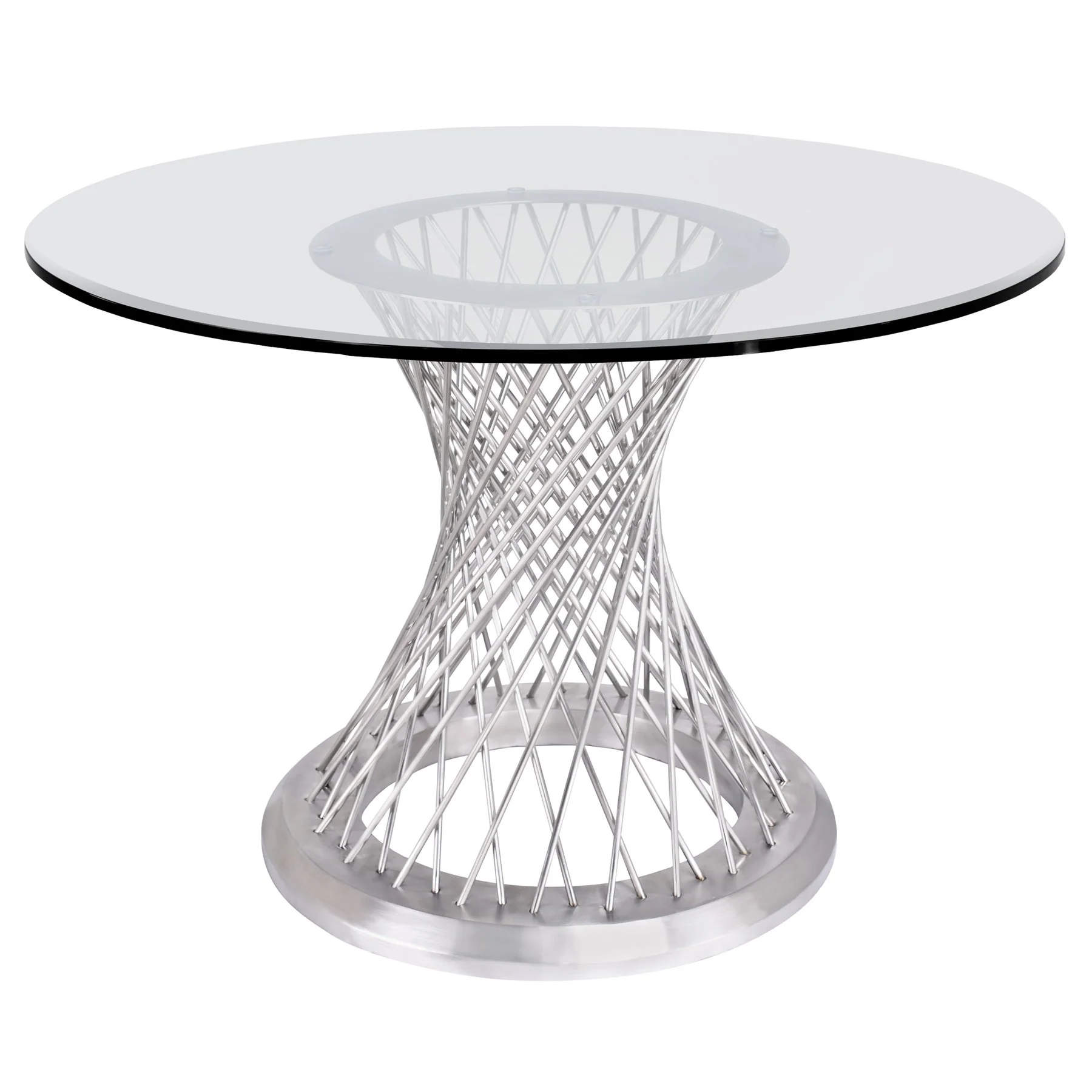 Calypso Contemporary Dining Table in Brushed Stainless Steel with Clear Tempered Glass Top