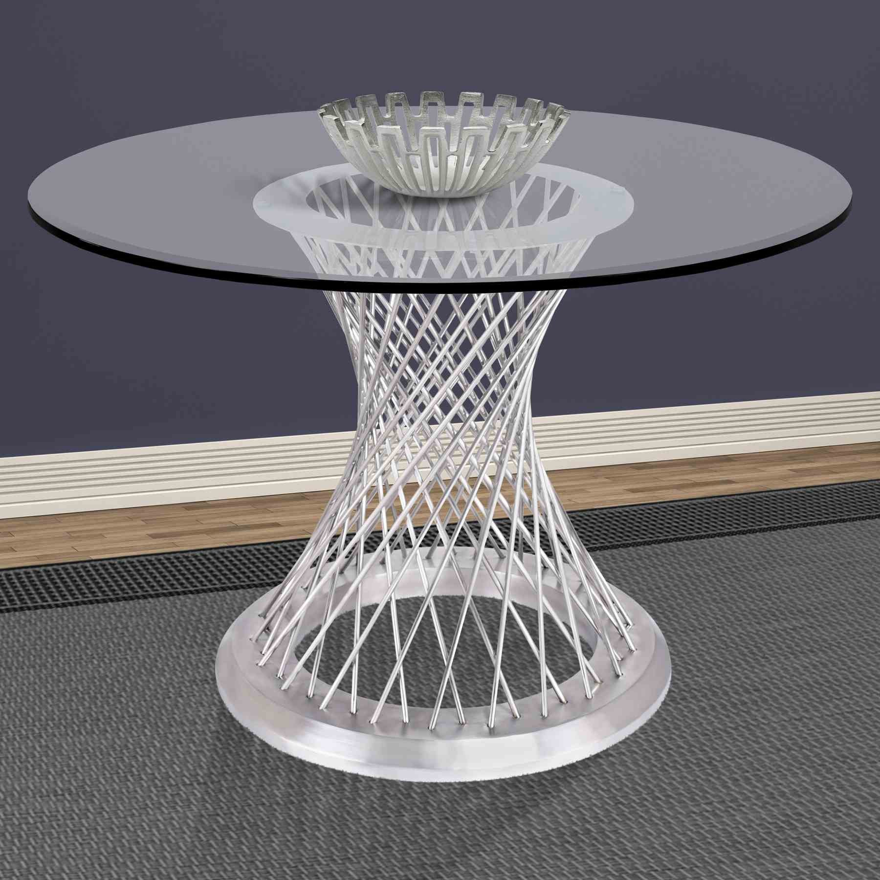 Calypso Contemporary Dining Table in Brushed Stainless Steel with Clear Tempered Glass Top - Image 4