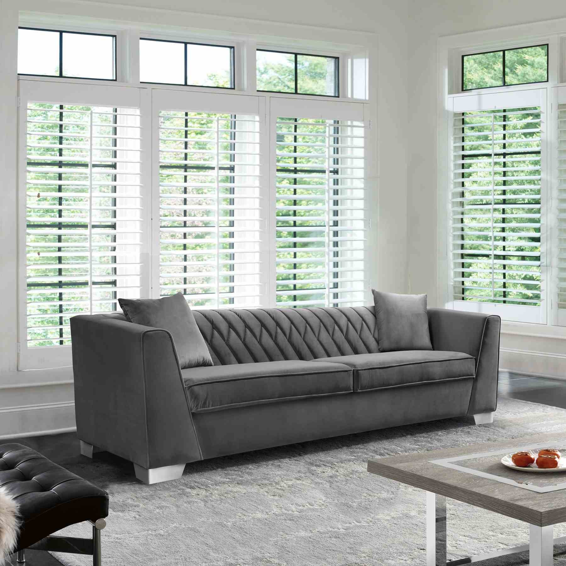 Cambridge Contemporary Sofa in Brushed Stainless Steel and Dark Gray Velvet - Image 3