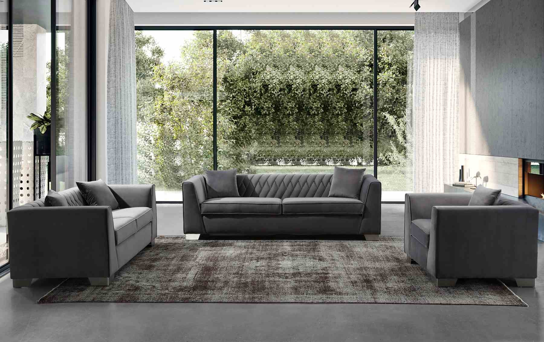 Cambridge Contemporary Sofa in Brushed Stainless Steel and Dark Gray Velvet - Image 4