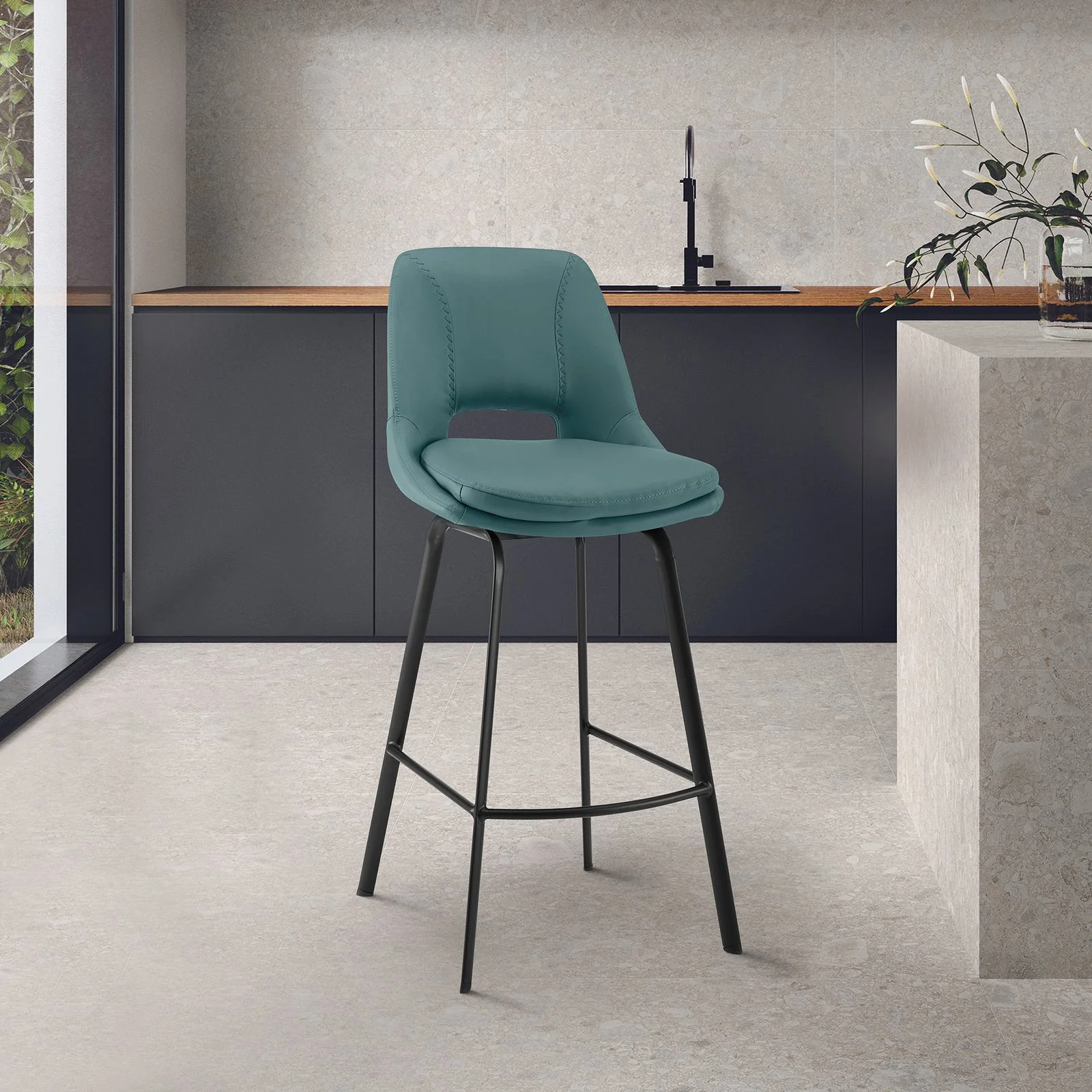 Carise Blue Faux Leather and Black Metal Swivel 26" Counter Stool - Image 11
