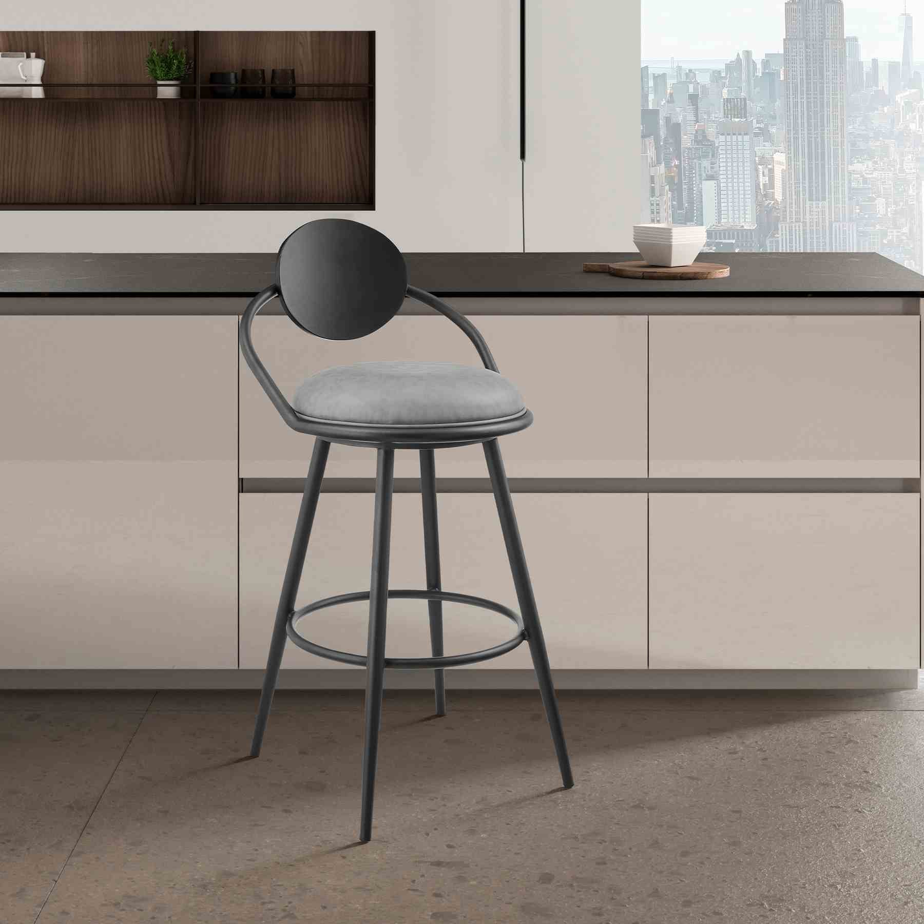Carnation 26" Swivel Counter Stool in Black Iron with Vintage Gray Faux Leather and Black Wood Back - Image 10