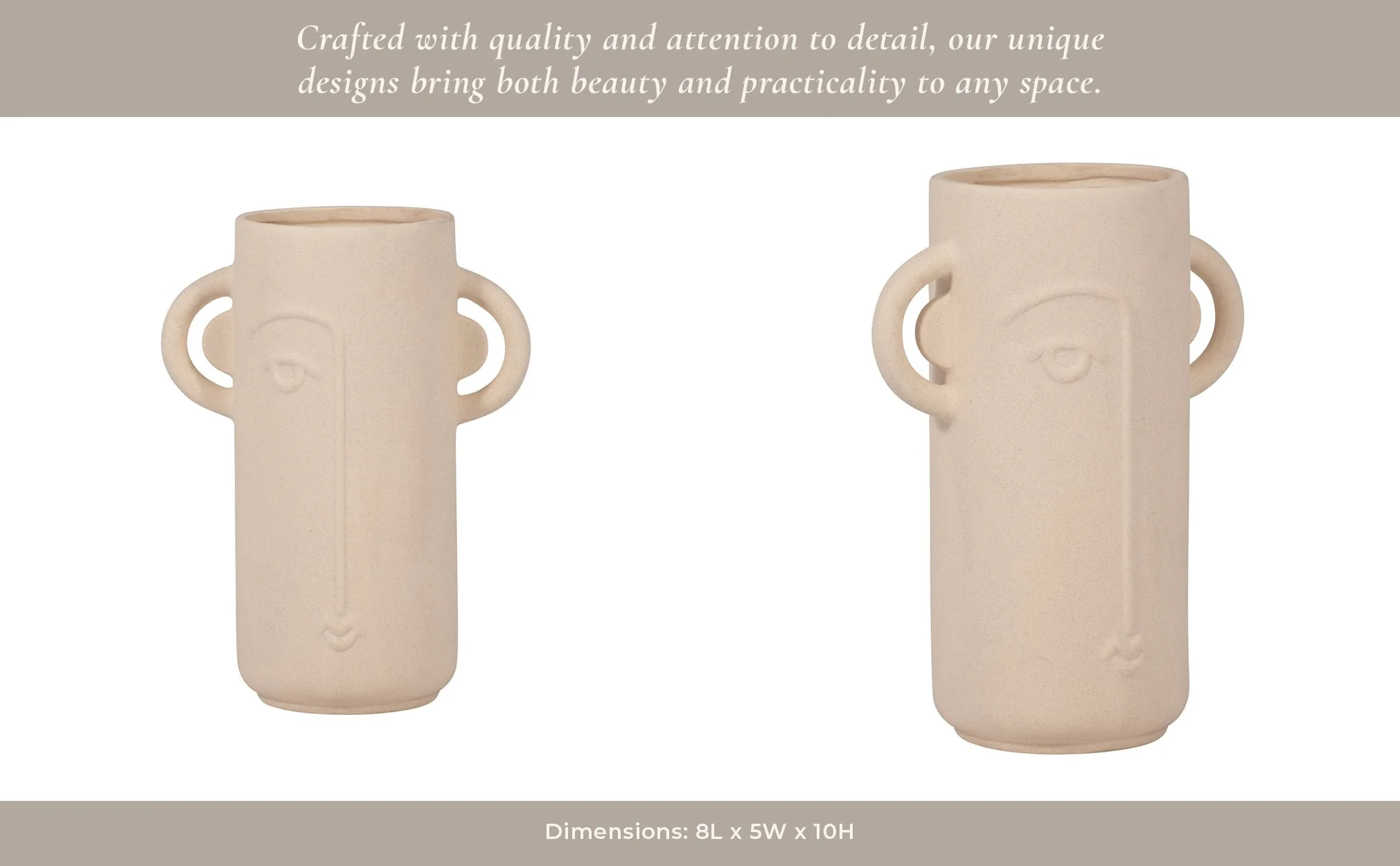 Cer, 10" Face Vase W/ Handles, Ivory - Image 13