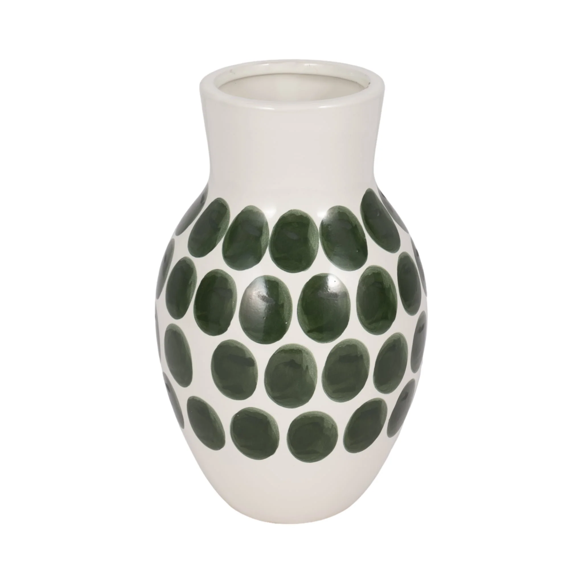 Cer, 10"h Forest Green Polk-a-dot Flower Vase,wht