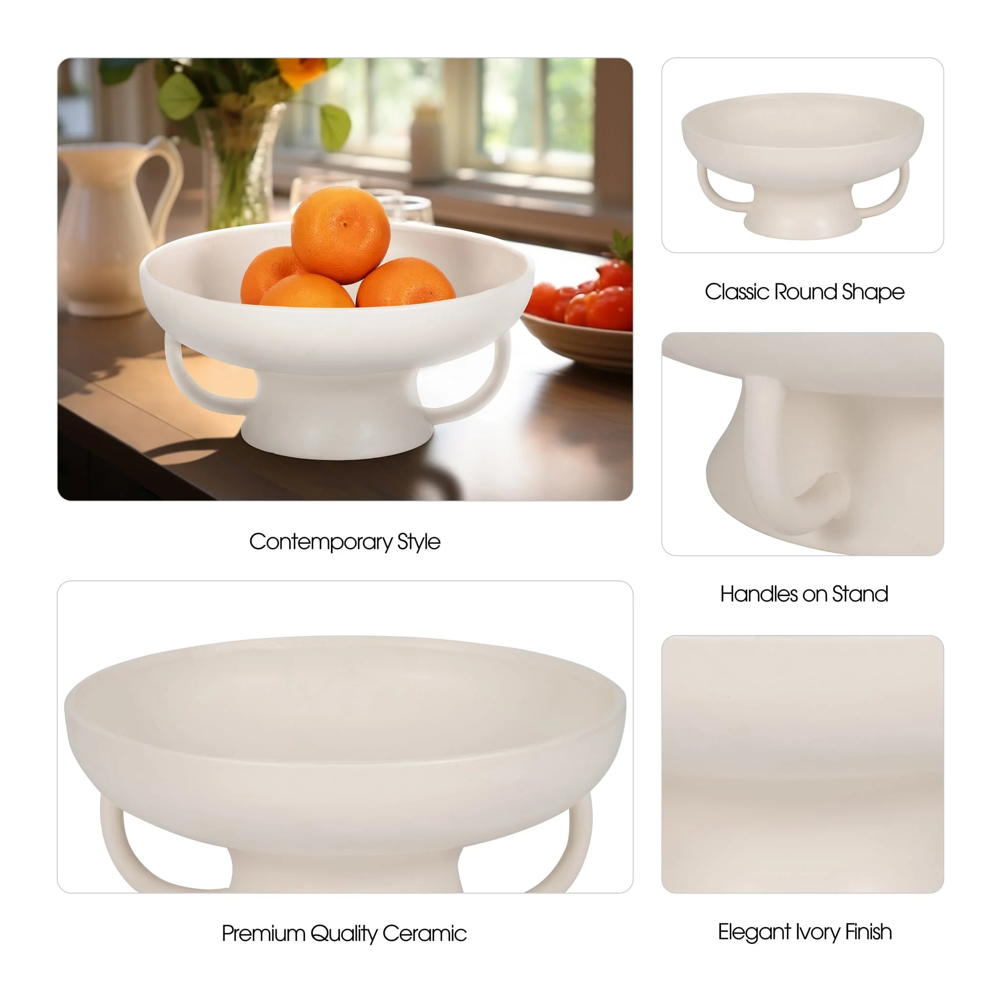 Cer, 12" Bowl W Handles On Stand, Cotton - Image 9