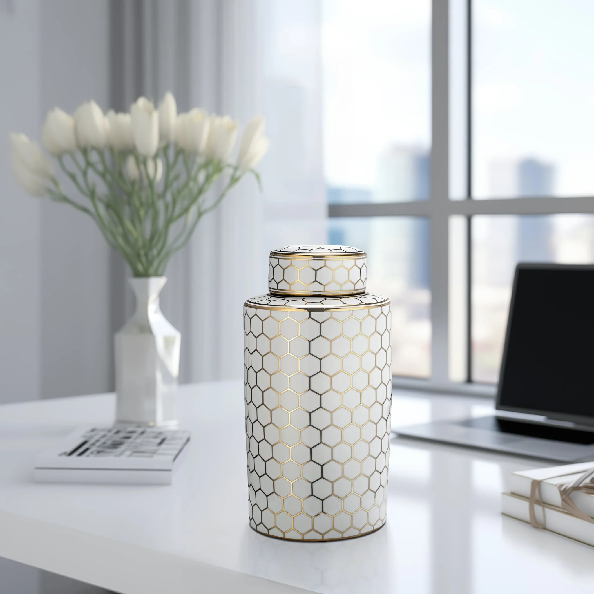 Cer, 12" Honeycomb Jar W/ Lid, Gold - Image 11