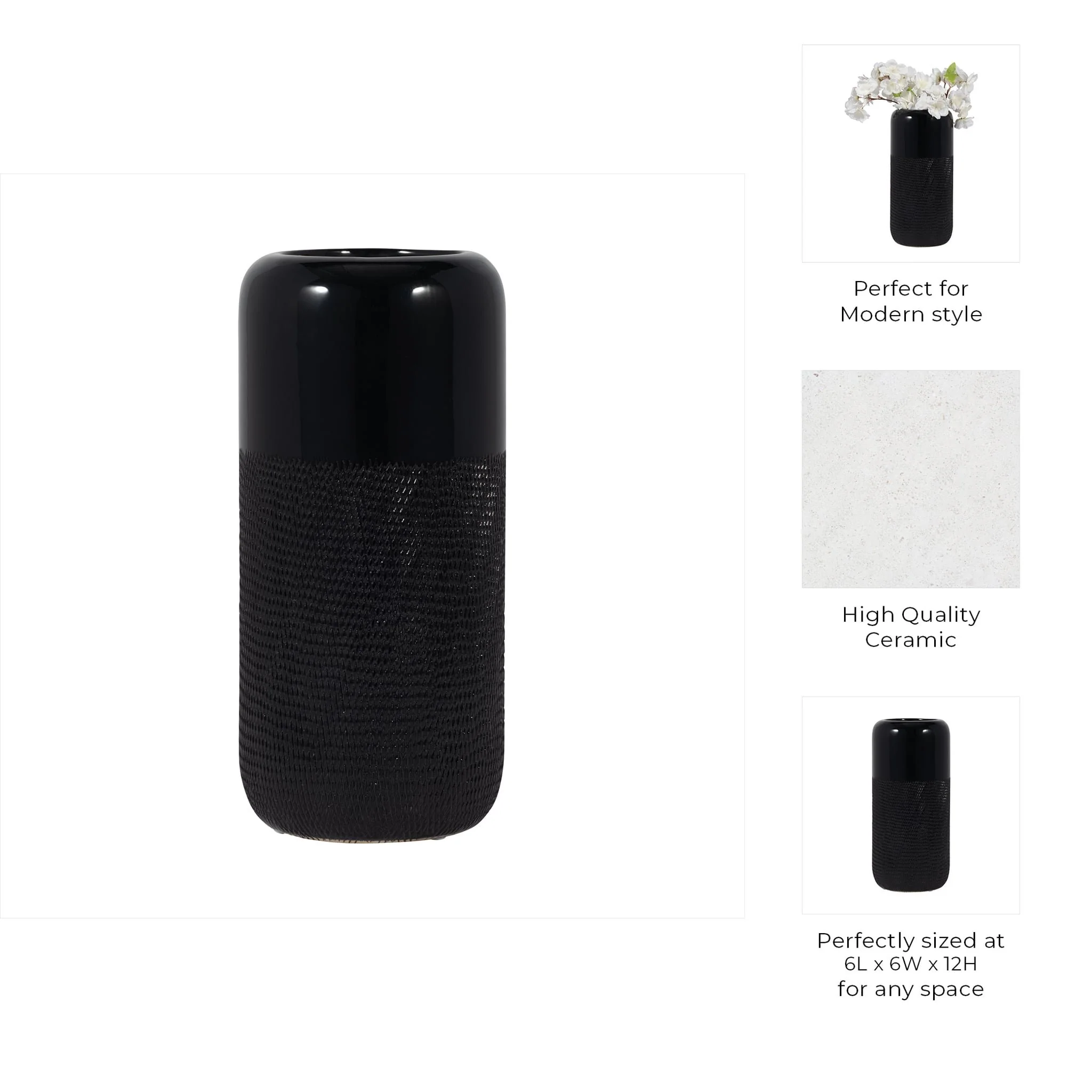 Cer, 12"h Grooved Vase, Black - Image 8
