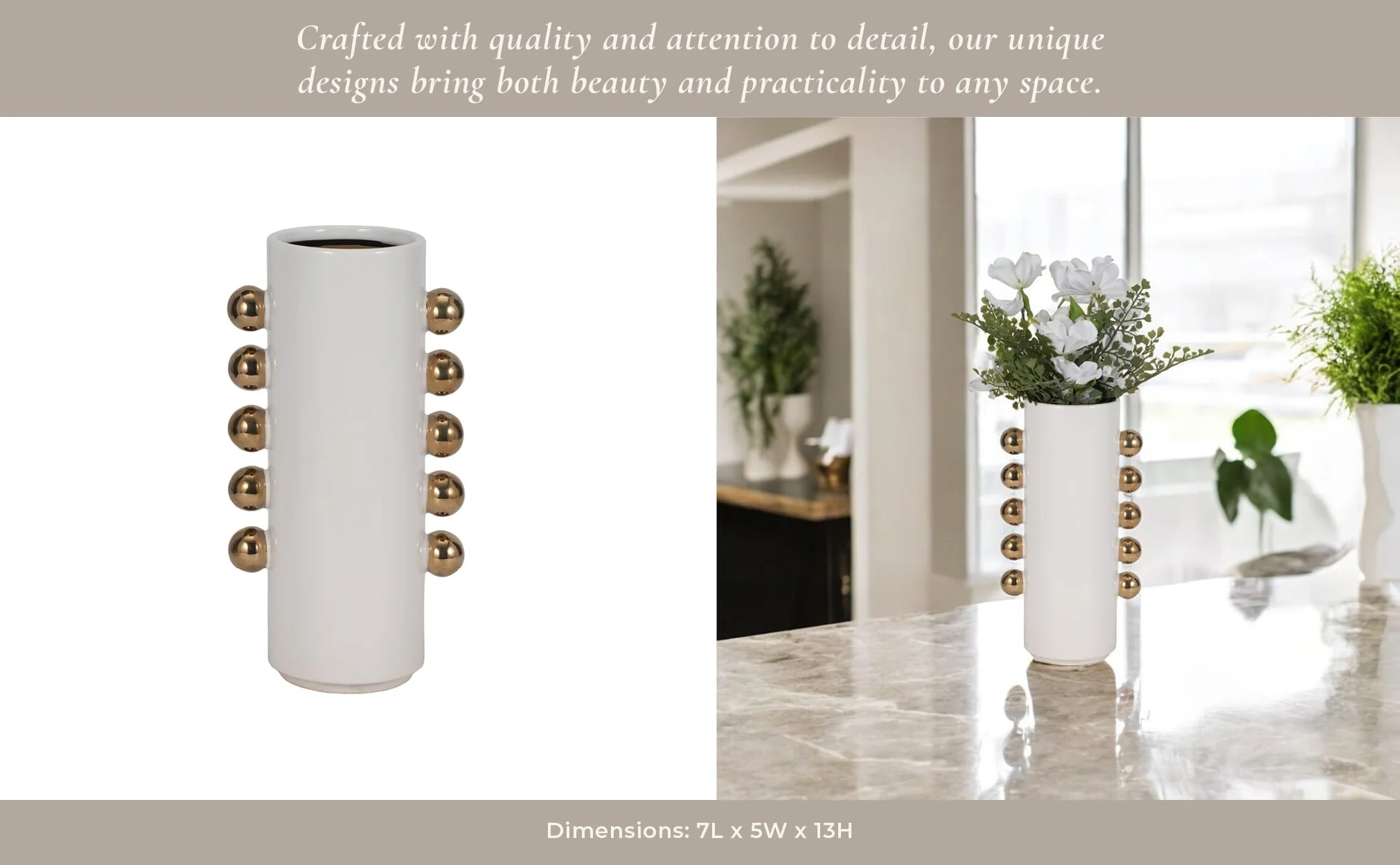 Cer, 13" Vase W/ Side Knobs, White/gold - Image 11