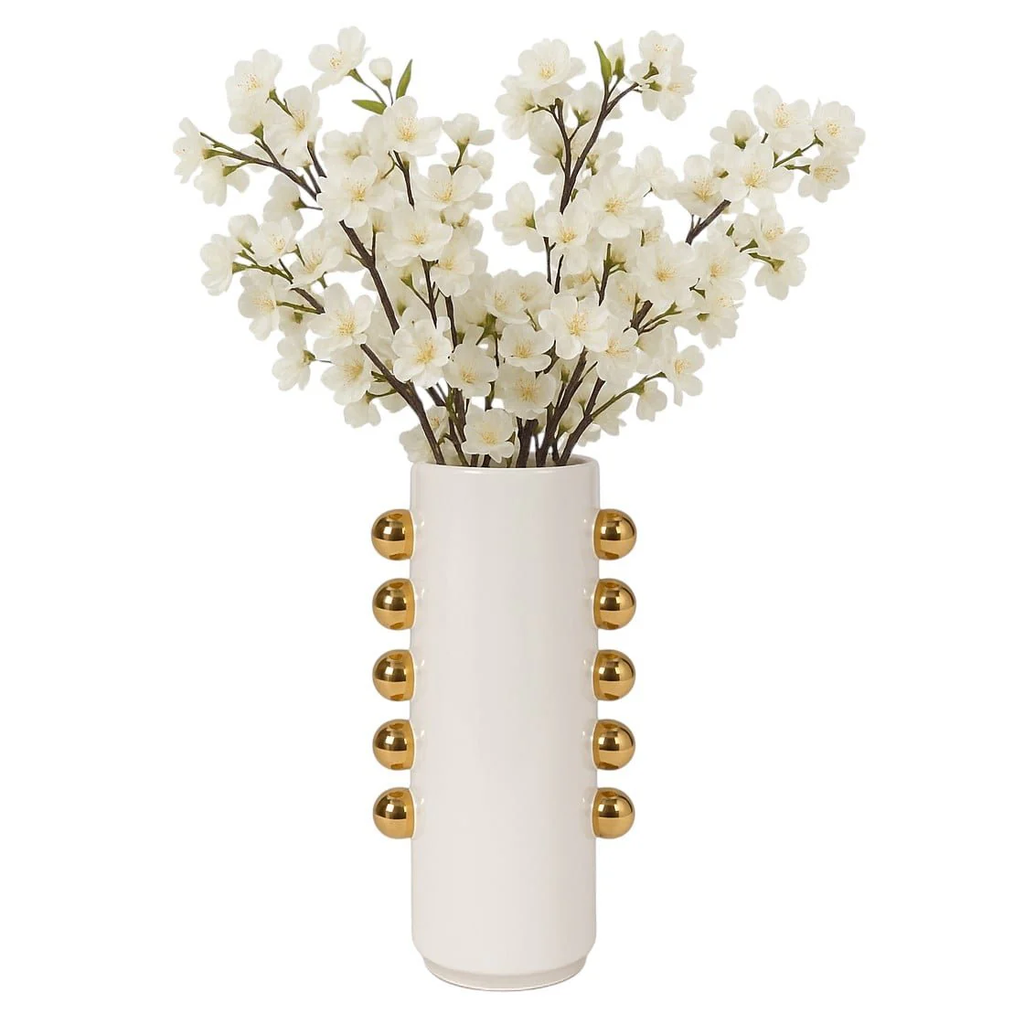 Cer, 13" Vase W/ Side Knobs, White/gold - Image 2
