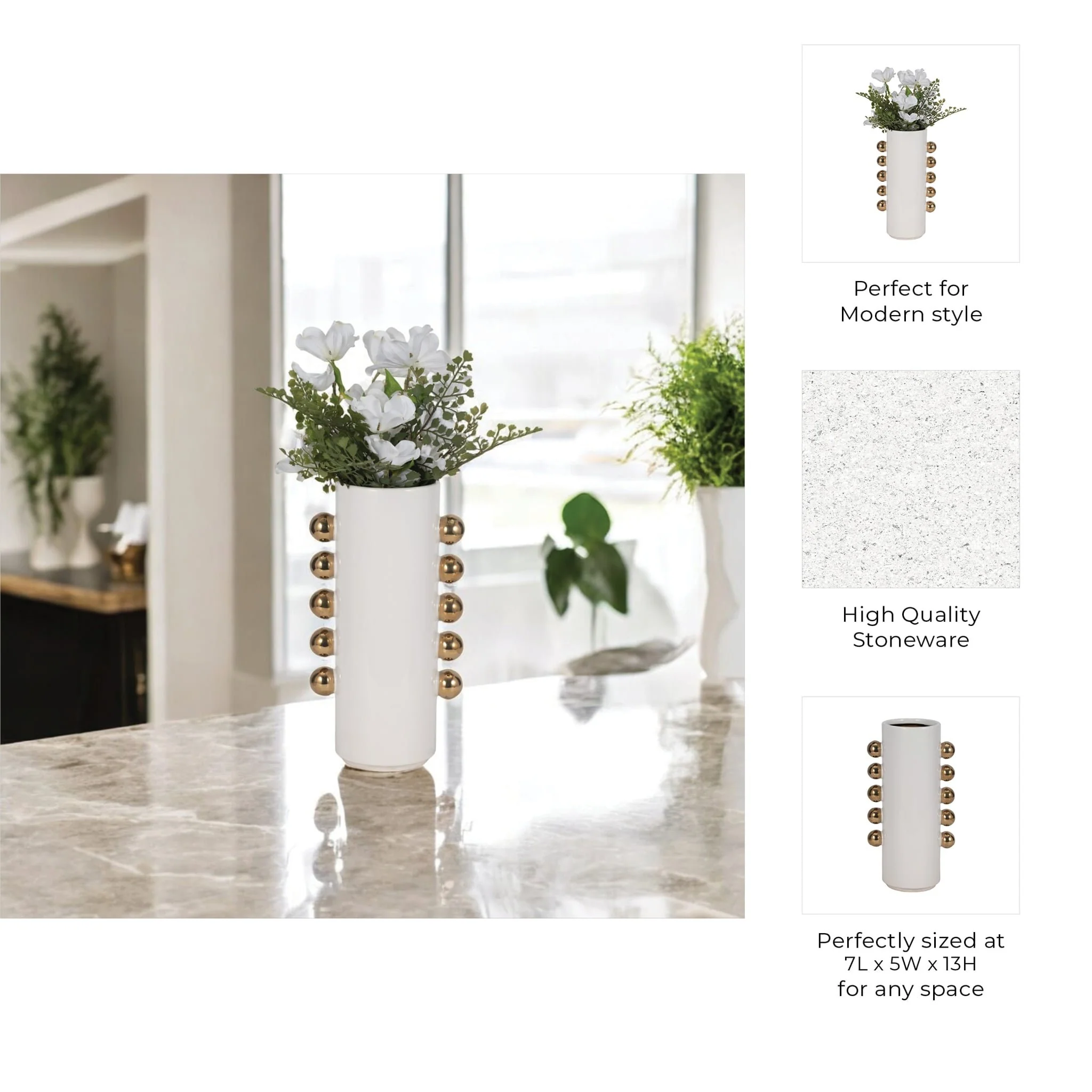 Cer, 13" Vase W/ Side Knobs, White/gold - Image 9