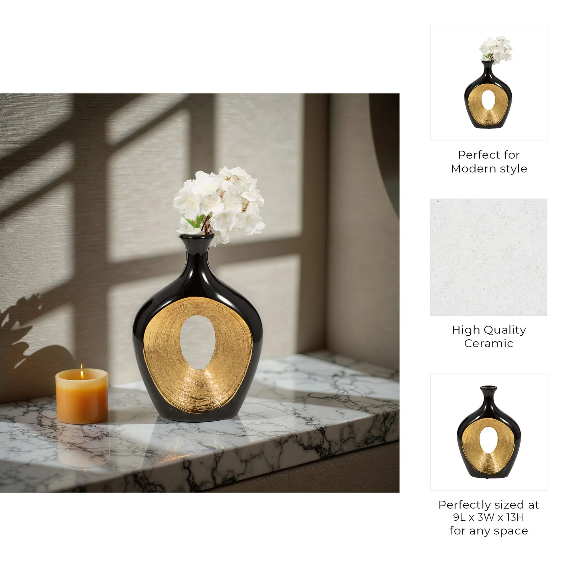 Cer, 13"h 2-tone Scratched Oval Vase, Blk/gld - Image 8