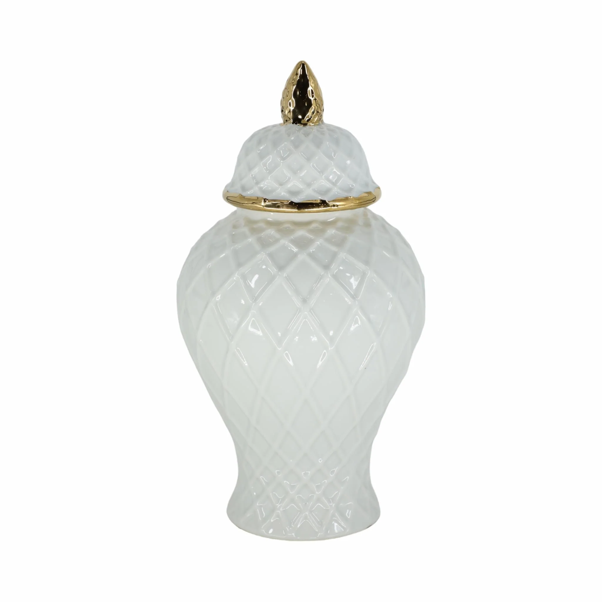 Cer, 14"h Rope Temple Jar, White/gold