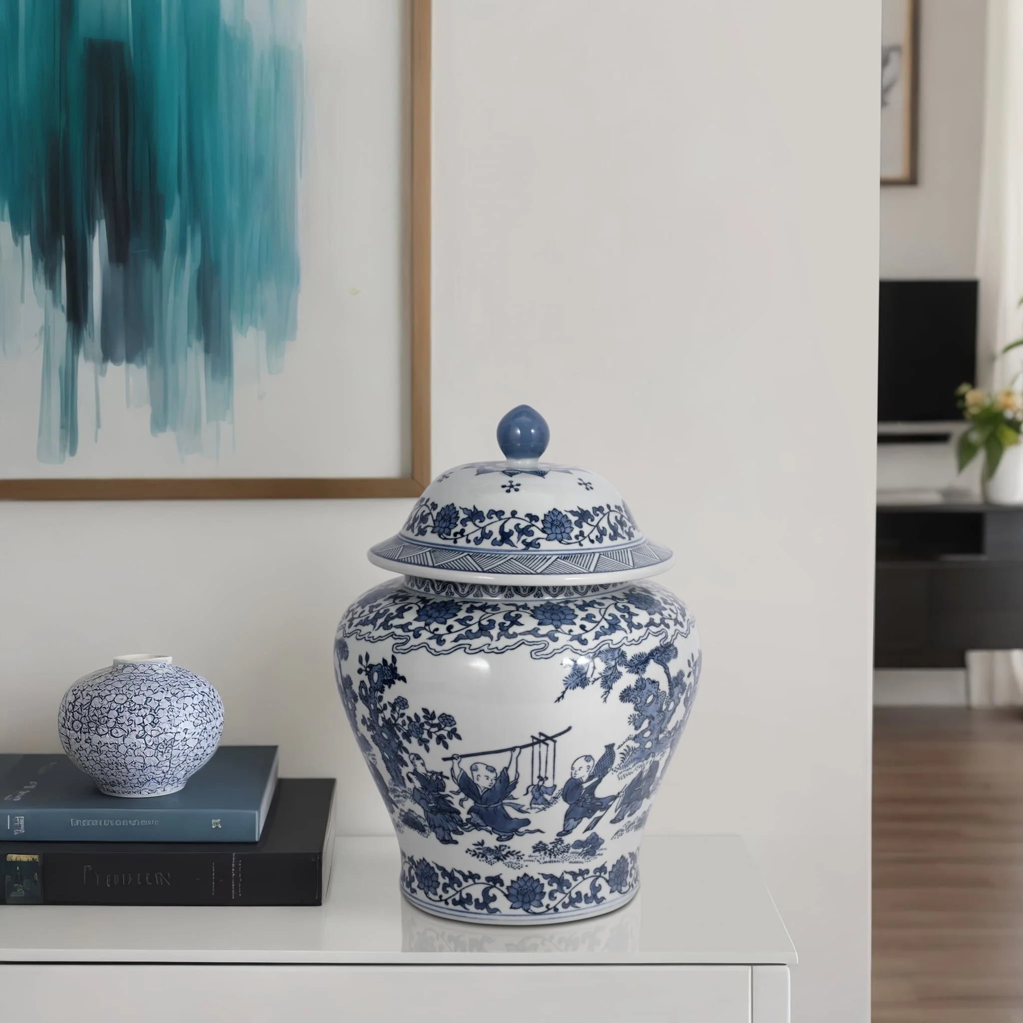 Cer, 15"h Blossoms Temple Jar, Blue - Image 10
