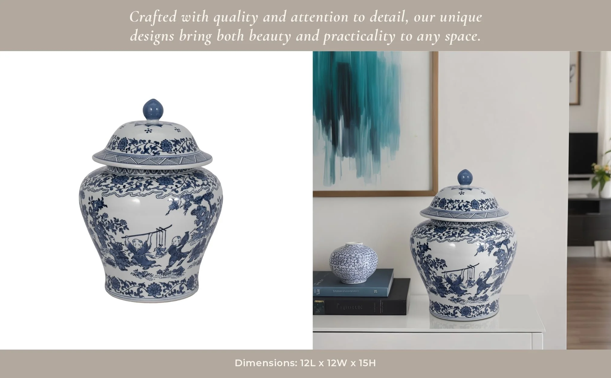 Cer, 15"h Blossoms Temple Jar, Blue - Image 11