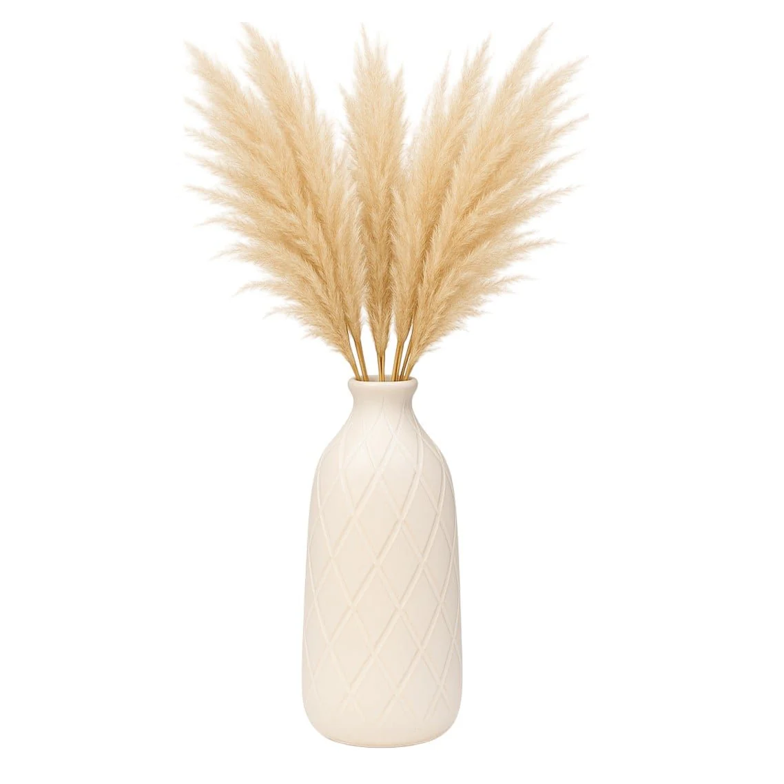 Cer, 16" Plaid Textured Vase, Beige - Image 2
