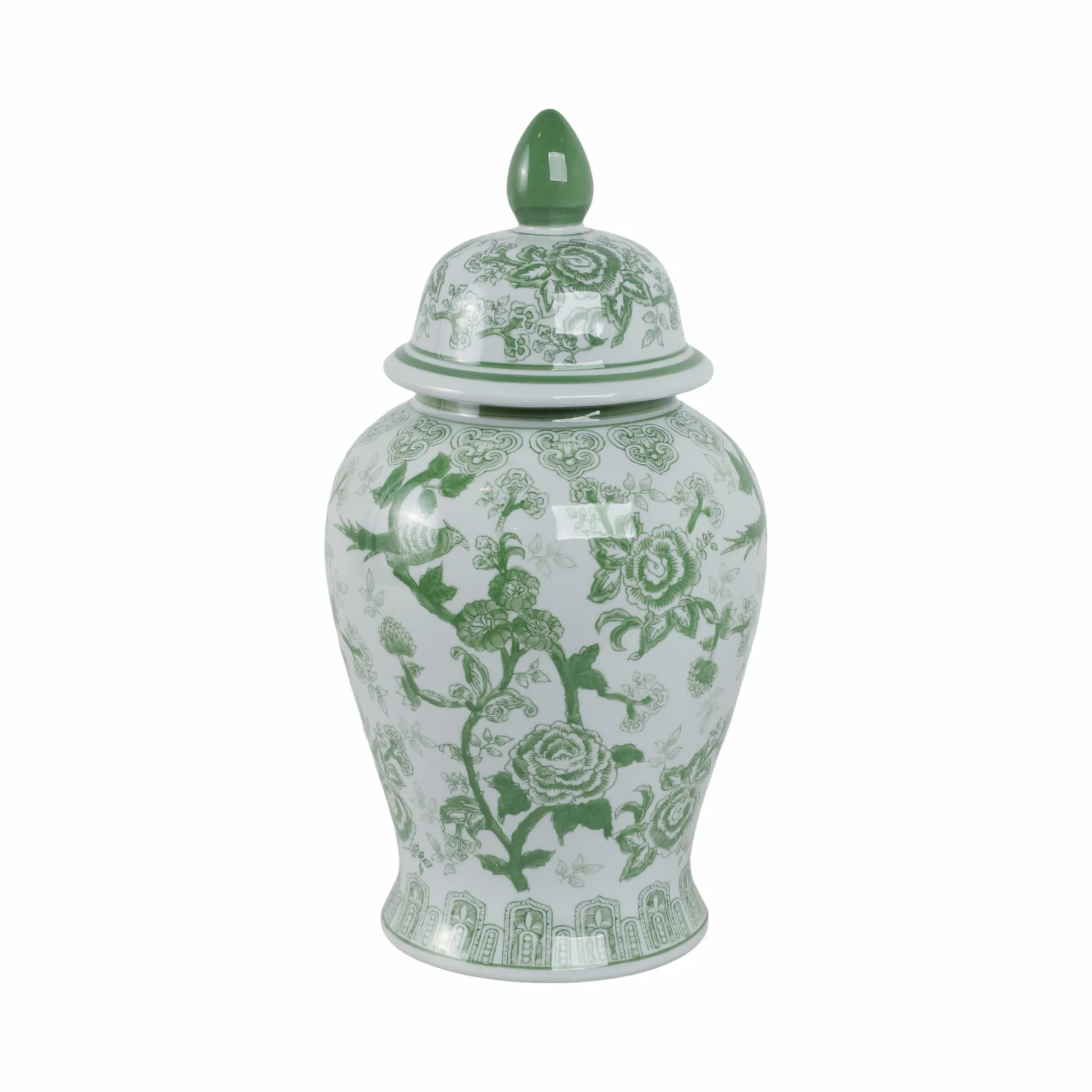 Cer, 18" Temple Jar Bird/flower, Green