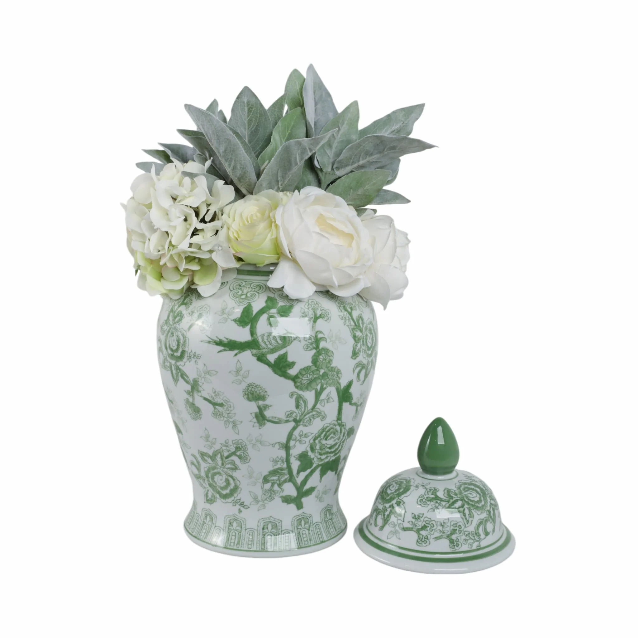 Cer, 18" Temple Jar Bird/flower, Green - Image 2
