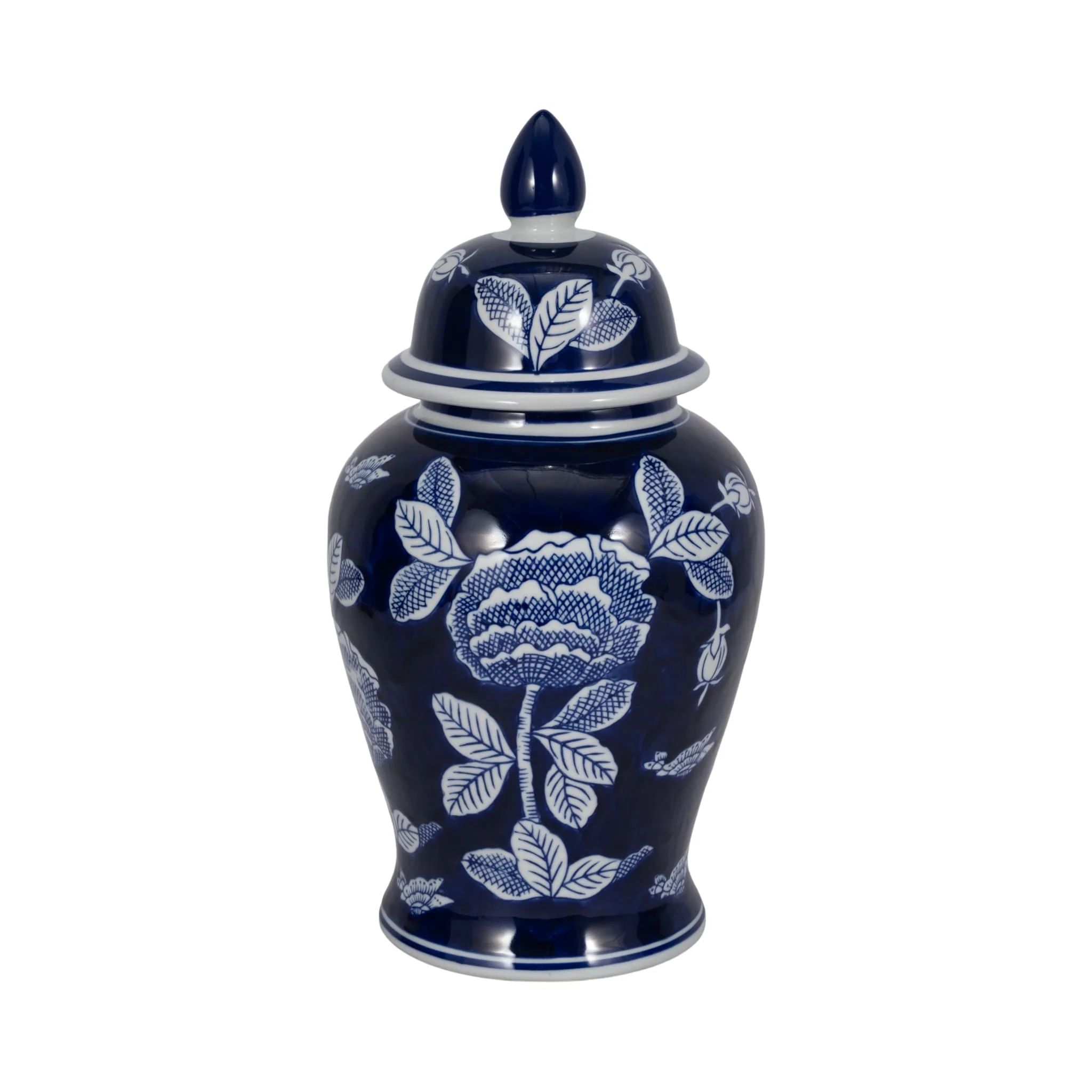 Cer, 18"h Flower Temple Jar, Wht/blu