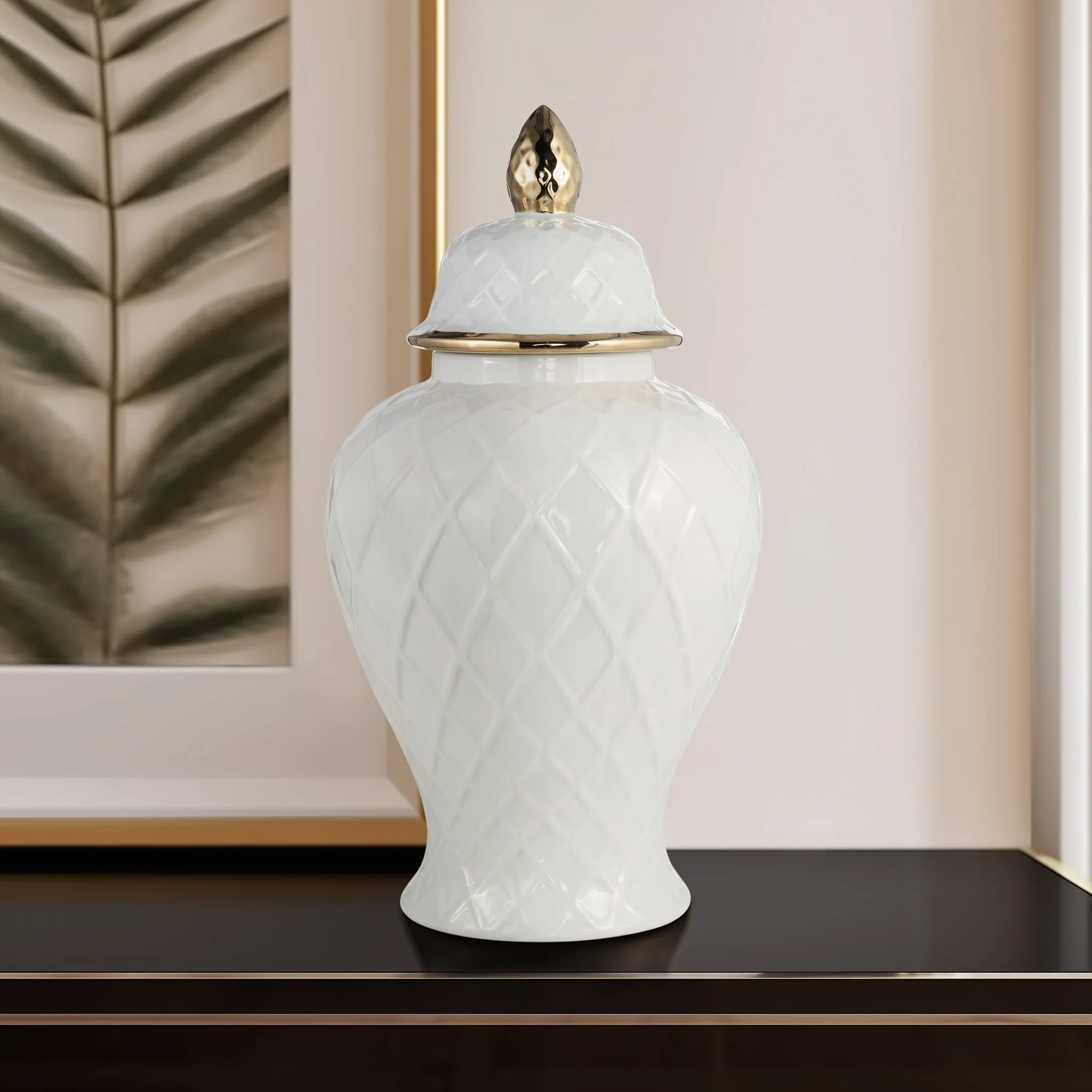 Cer, 20"h Rope Temple Jar, White/gold - Image 8