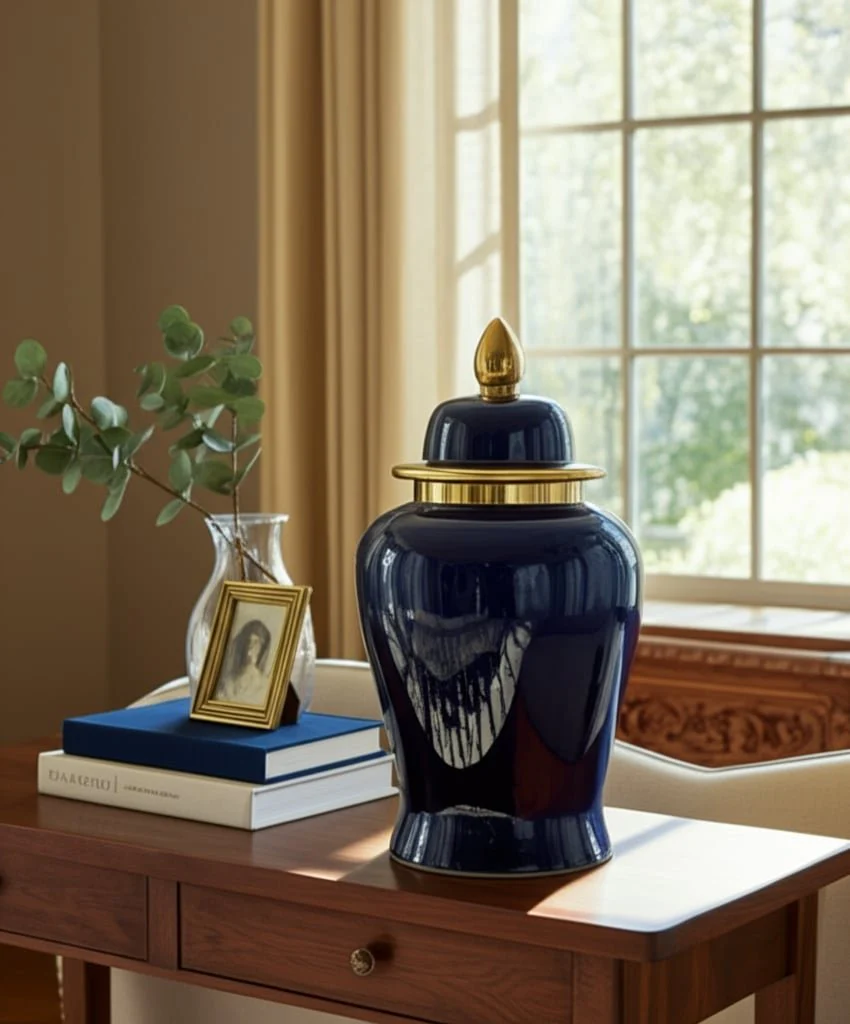 Cer, 24" Temple Jar, Navy/gold - Image 11