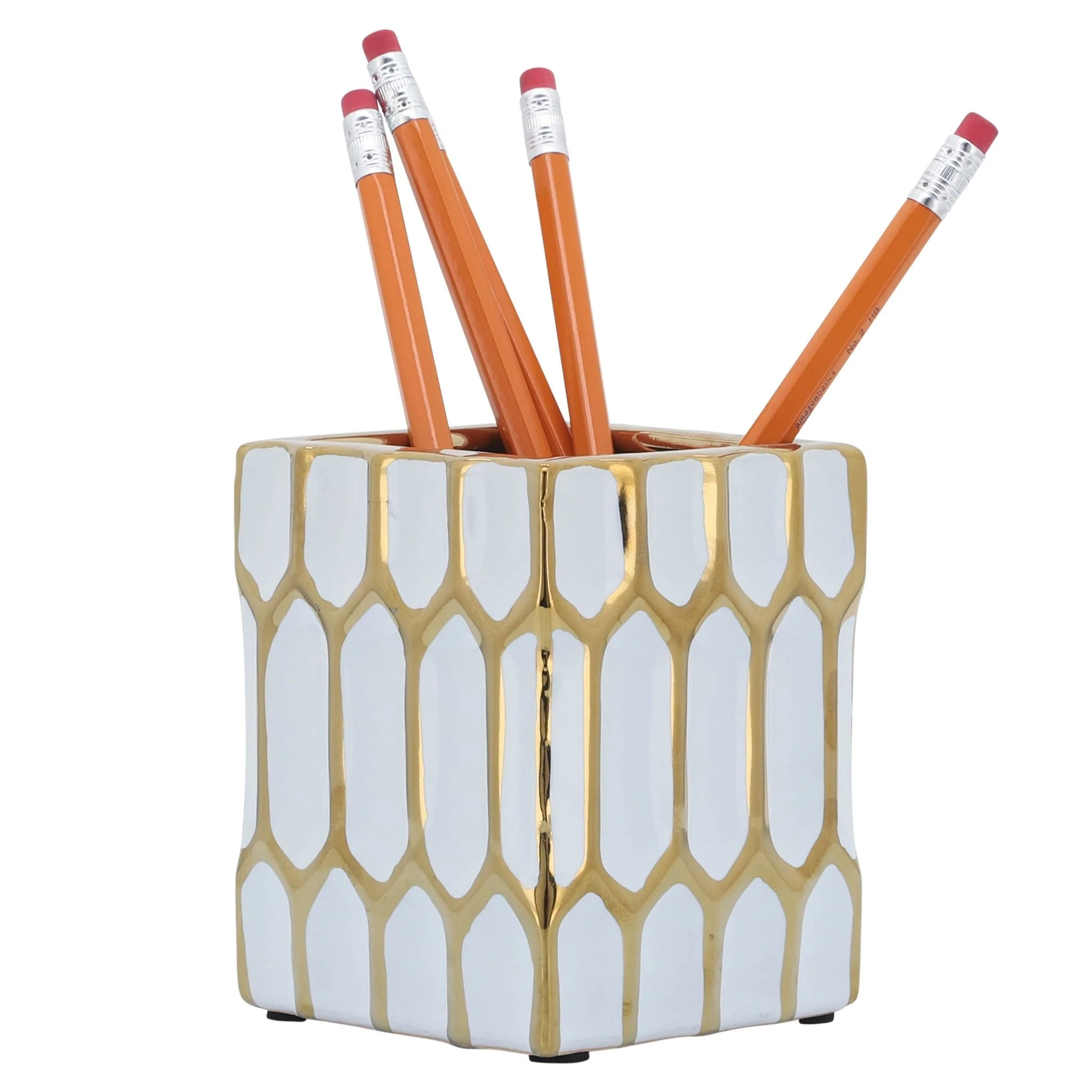 Cer, 4"h Pen Holder, White/gold - Image 4