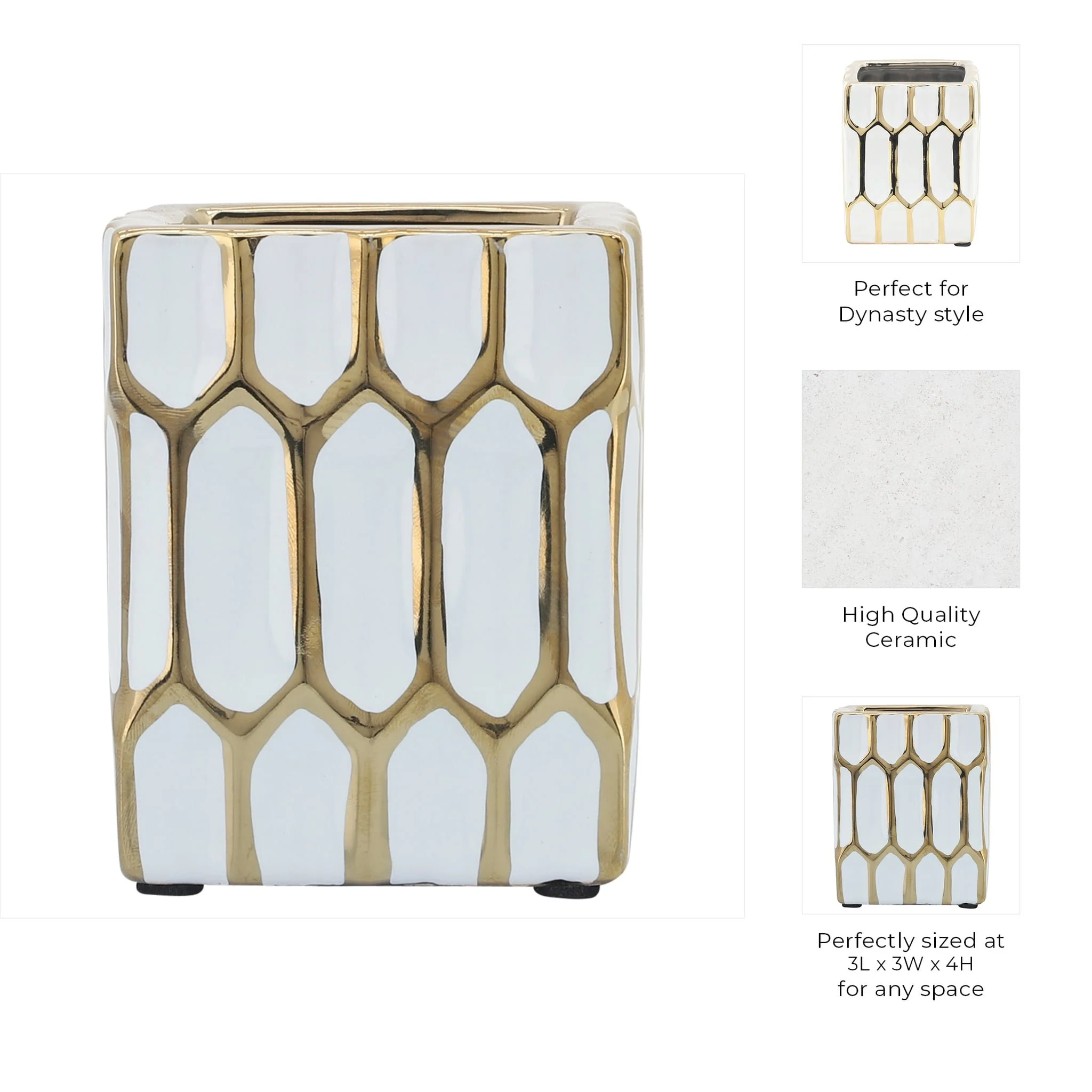 Cer, 4"h Pen Holder, White/gold - Image 9