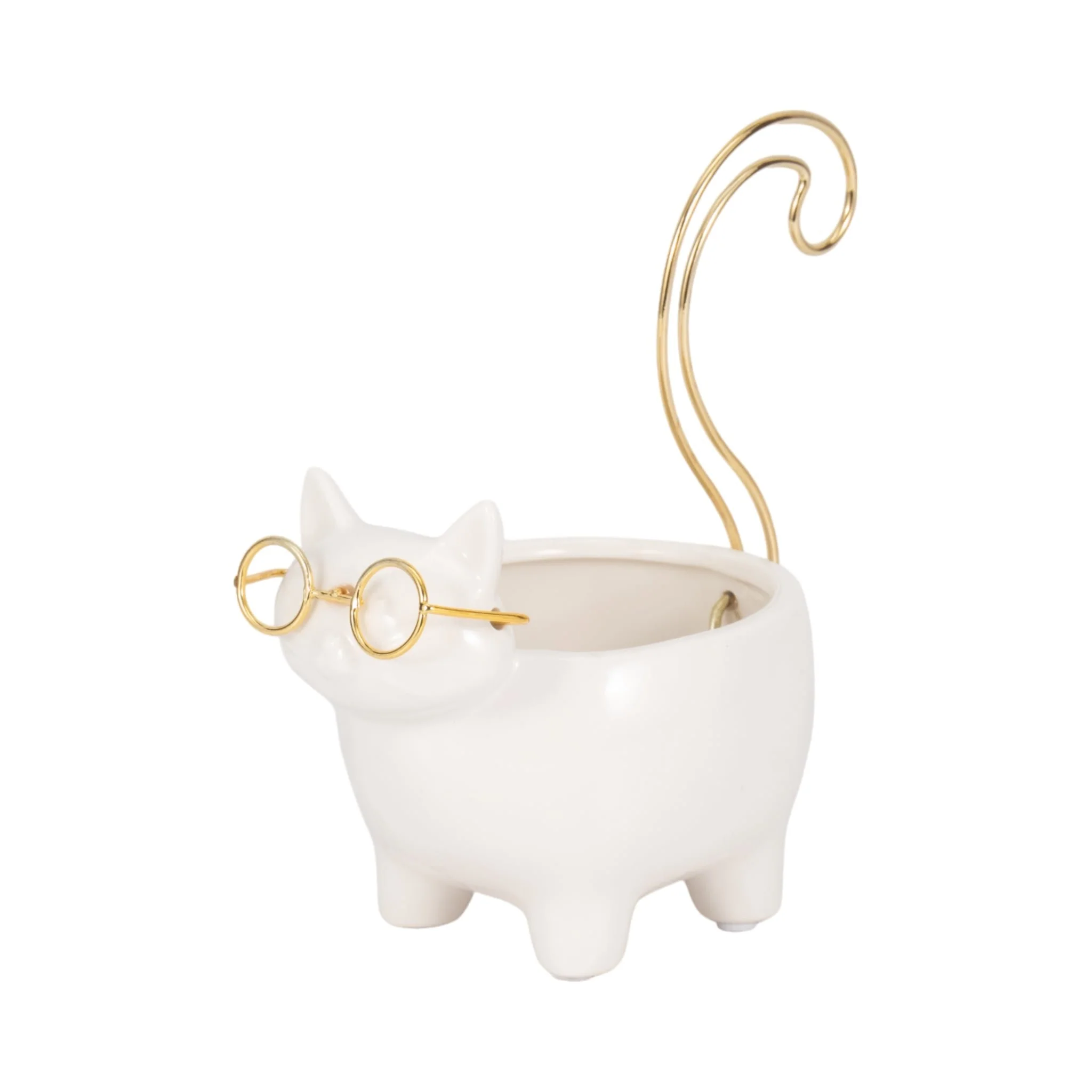 Cer, 6" Kitty Trinket Dish, White/gold