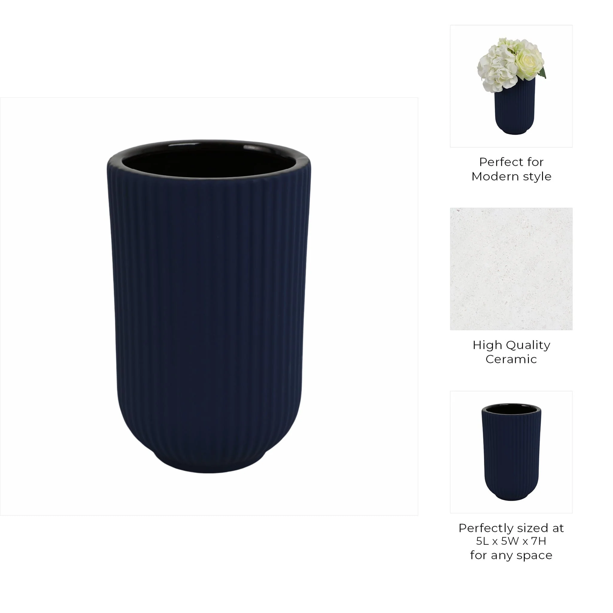 Cer, 7"h Ridged Vase, Navy - Image 9