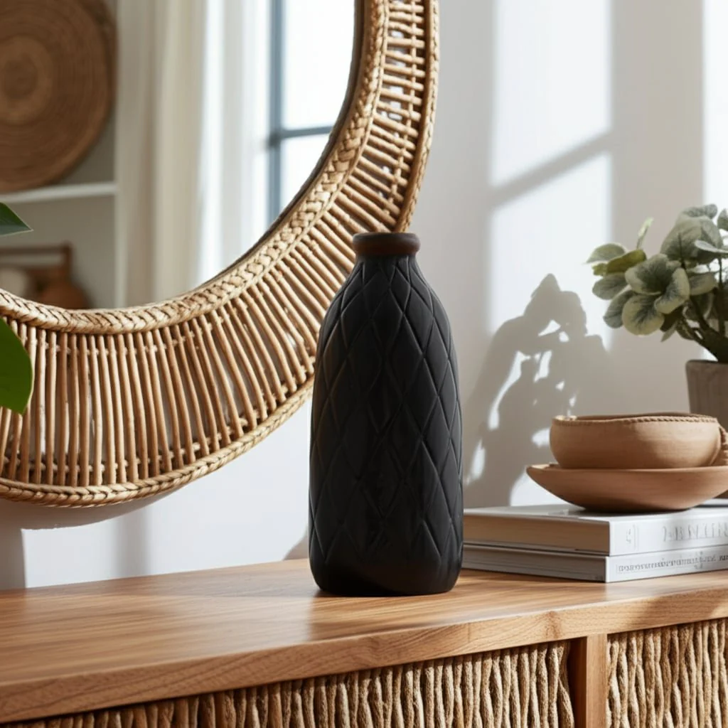 Cer, 9" Plaid Textured Vase, Black - Image 11