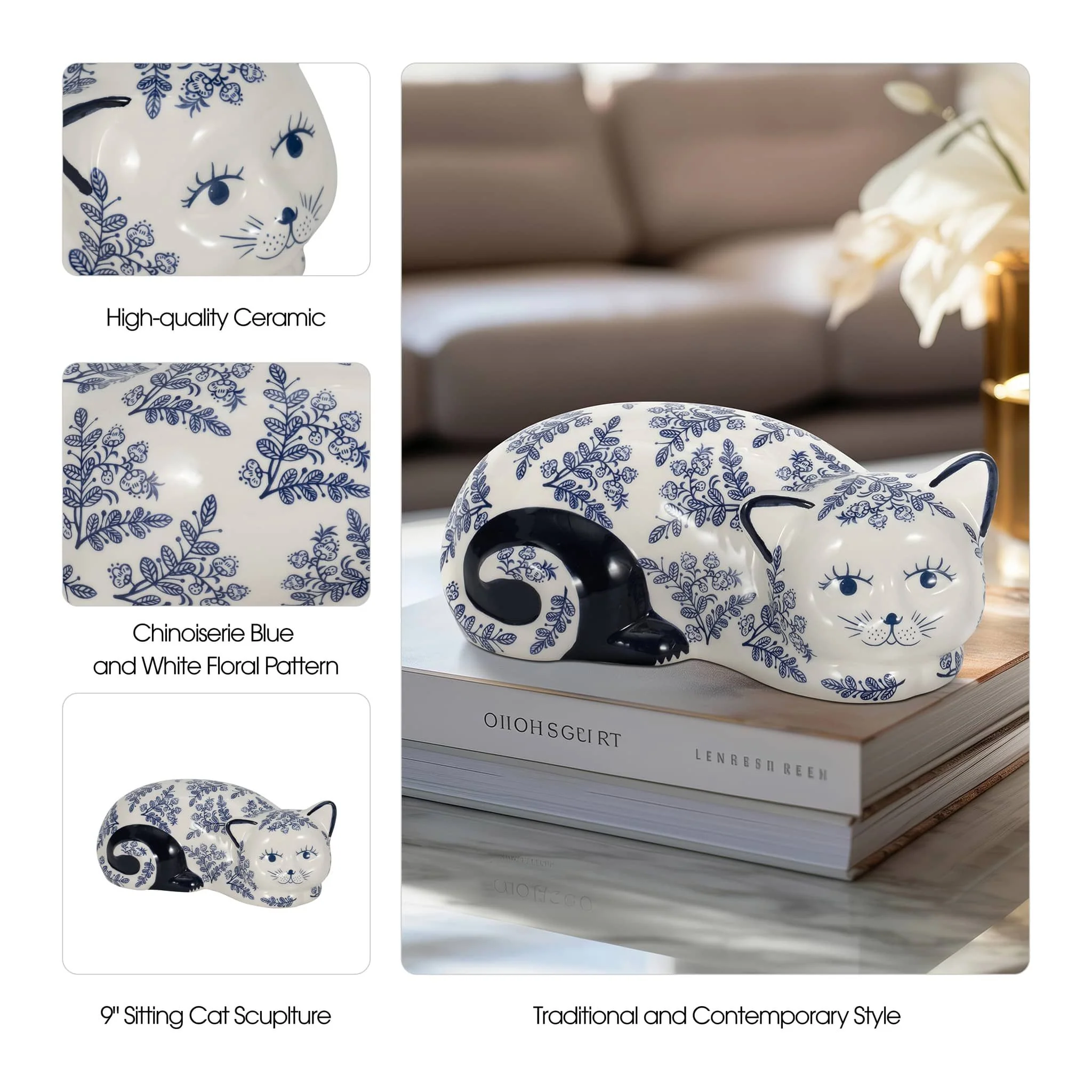 Cer, 9" Sleeping Chinoiserie Cat, Blue/white - Image 10