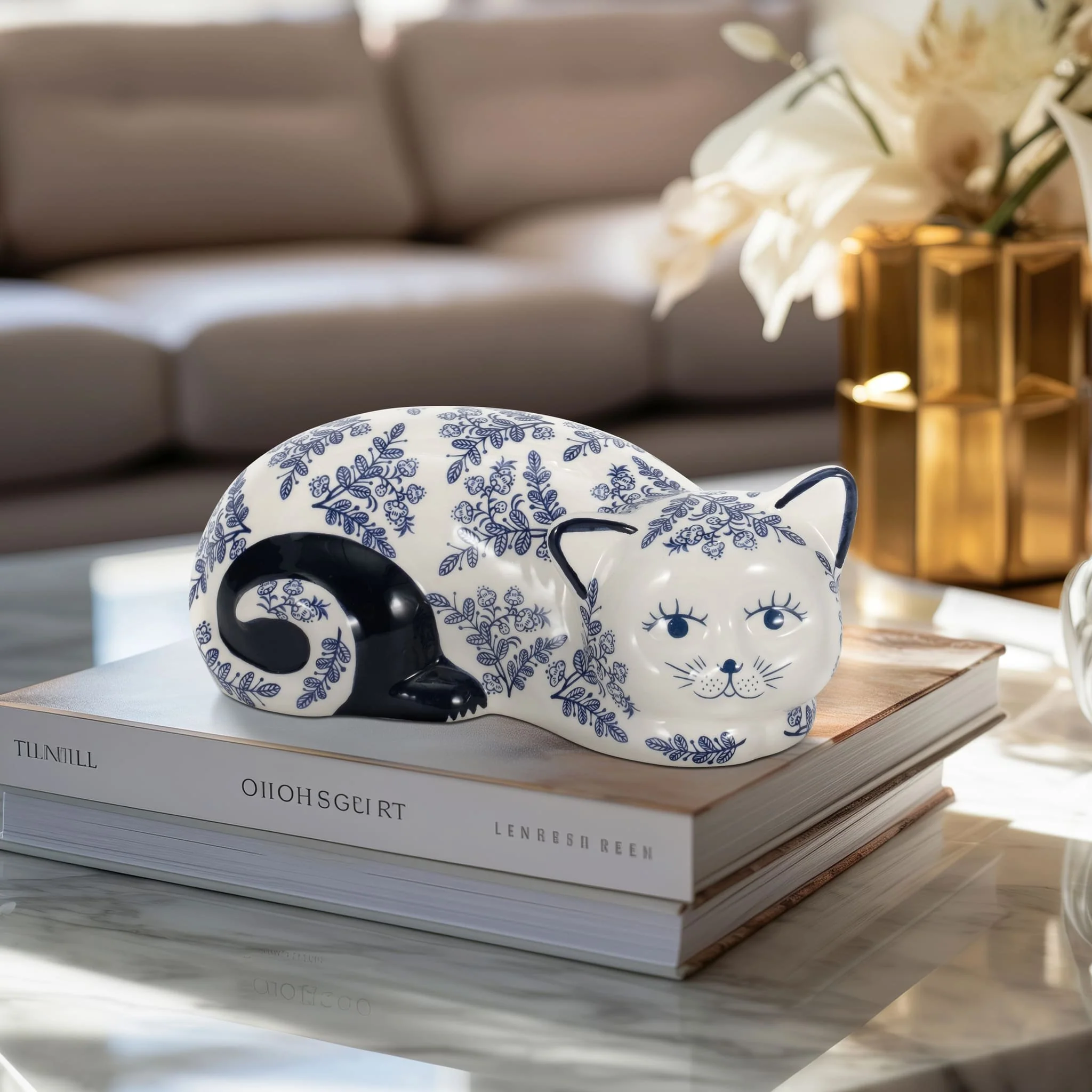 Cer, 9" Sleeping Chinoiserie Cat, Blue/white - Image 11