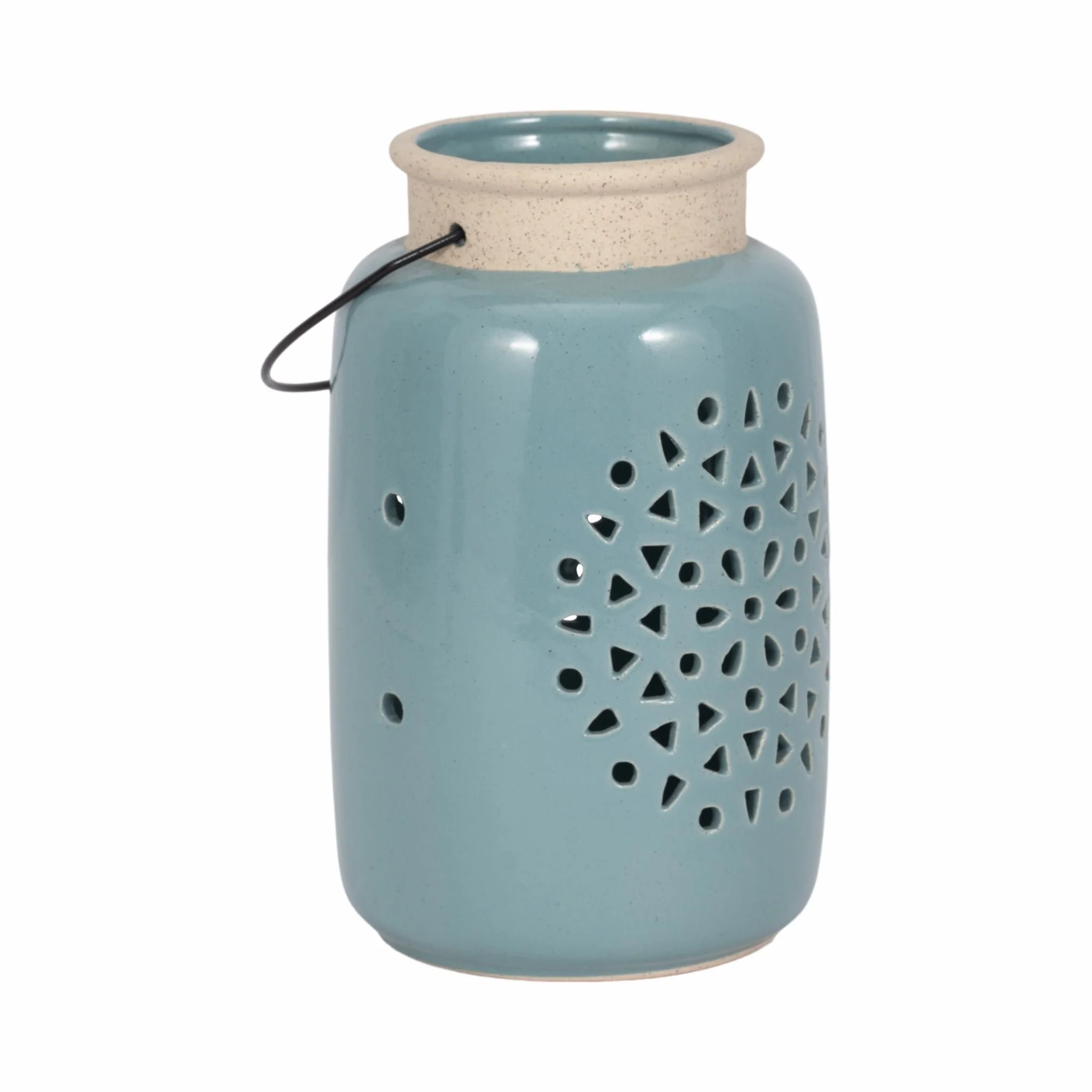 Cer, 9"h Flower Cut Out Lantern, Cameo Blue - Image 2