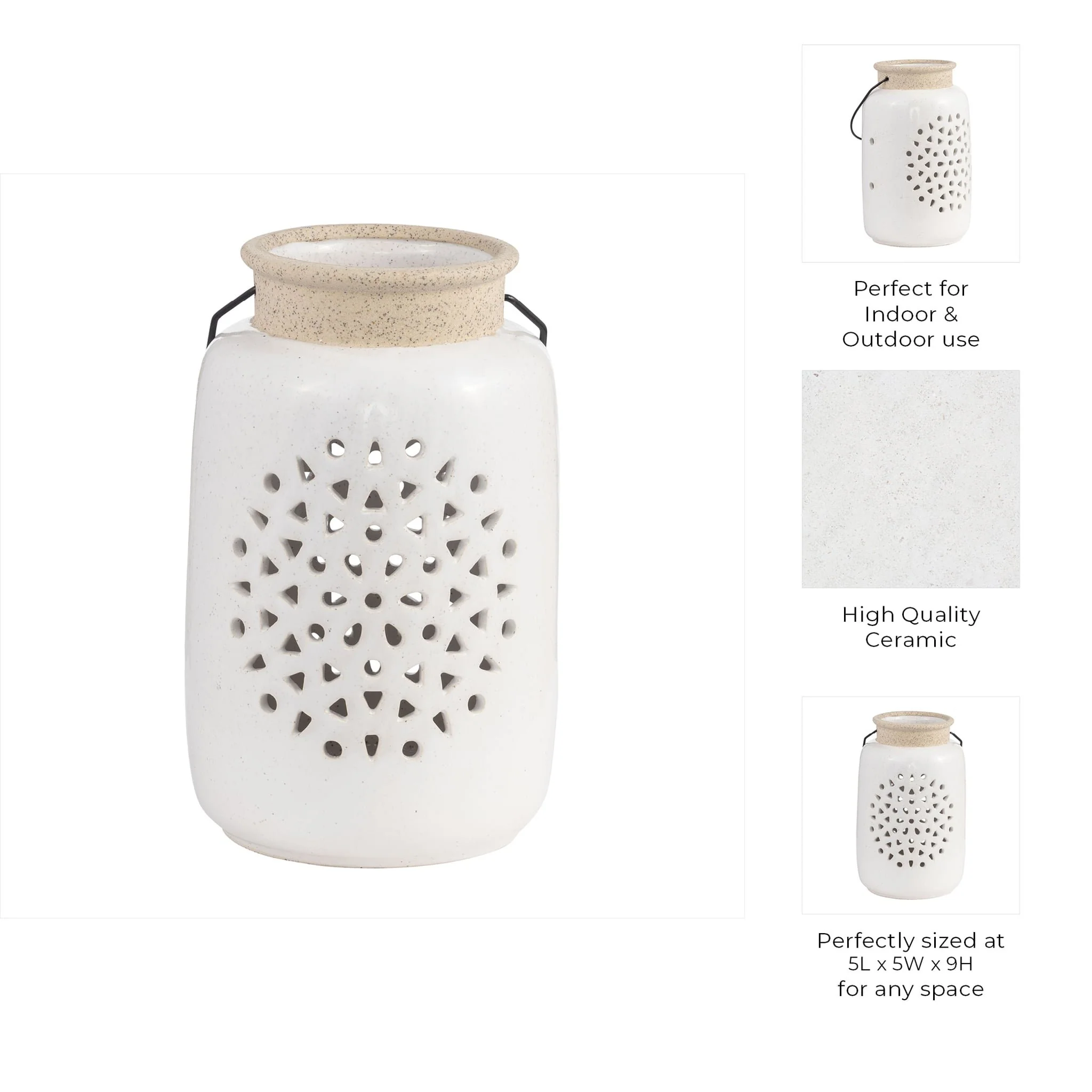 Cer, 9"h Flower Cut Out Lantern, Ivory - Image 9
