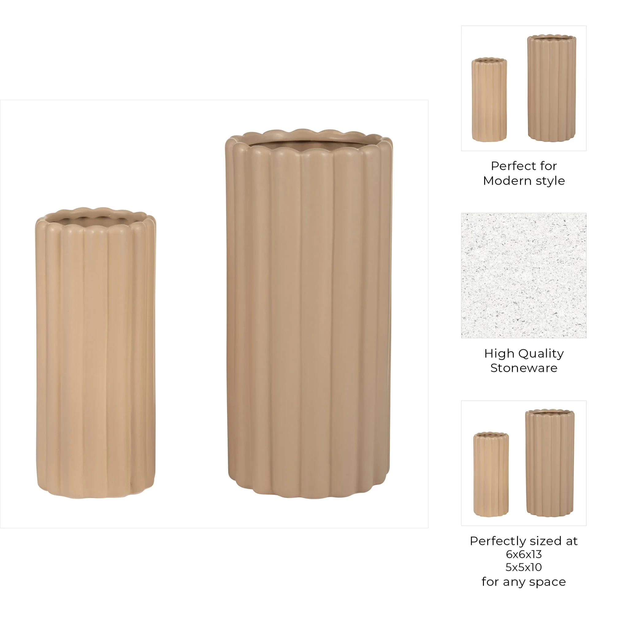 Cer, S/2 10/13?h Ribbed Vases, Irish Cream - Image 9