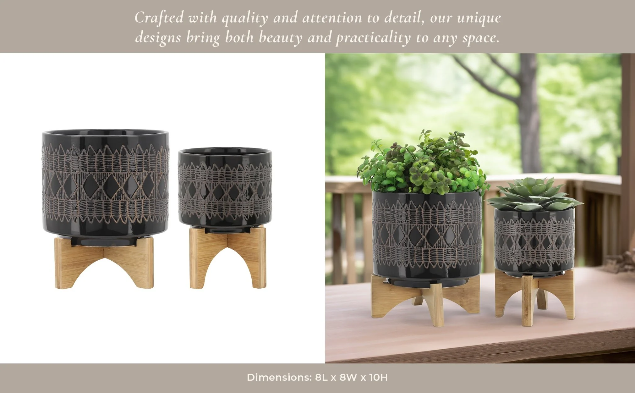 Cer, S/2 5/8" Aztec Planter On Wooden Stand, Black - Image 11