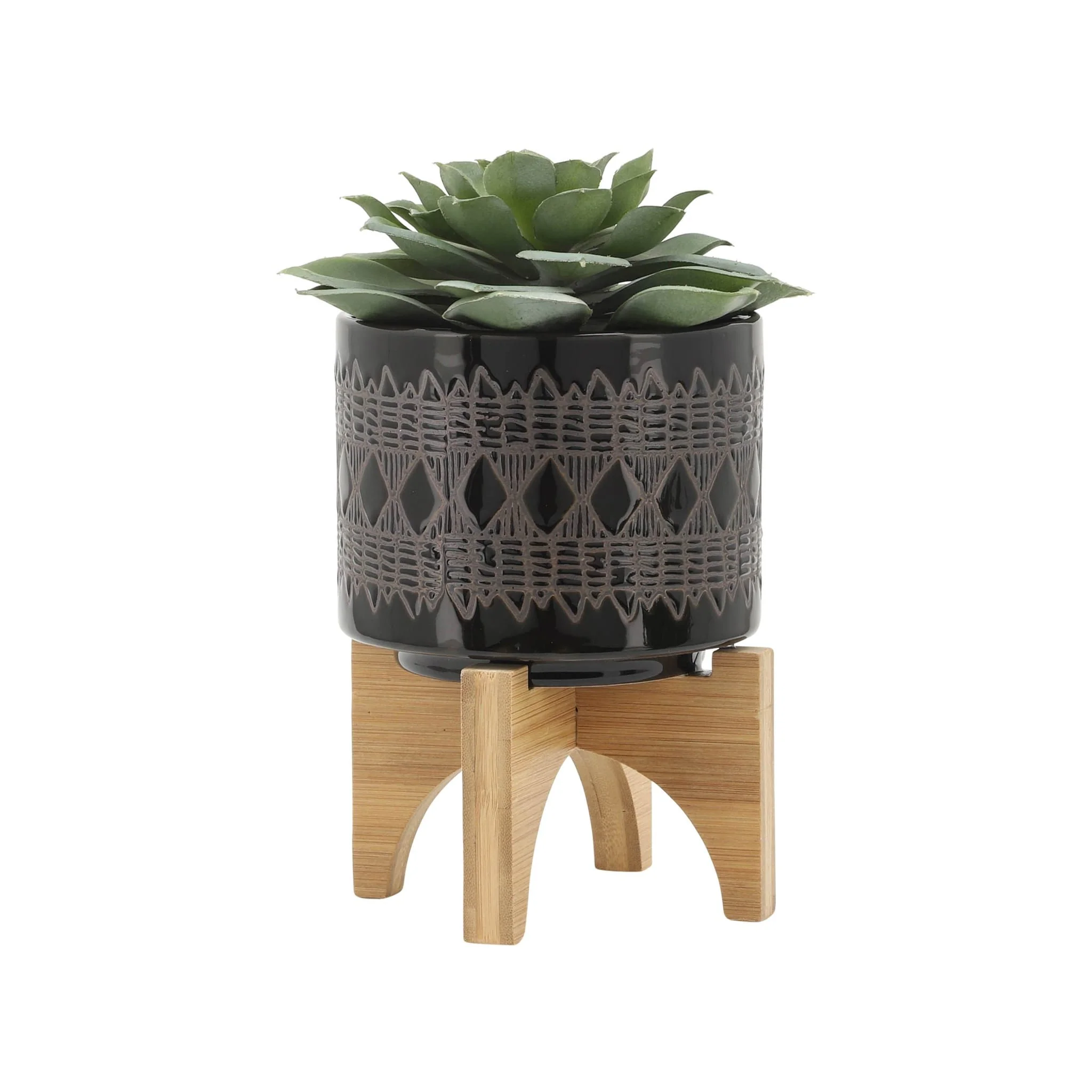Cer, S/2 5/8" Aztec Planter On Wooden Stand, Black - Image 4