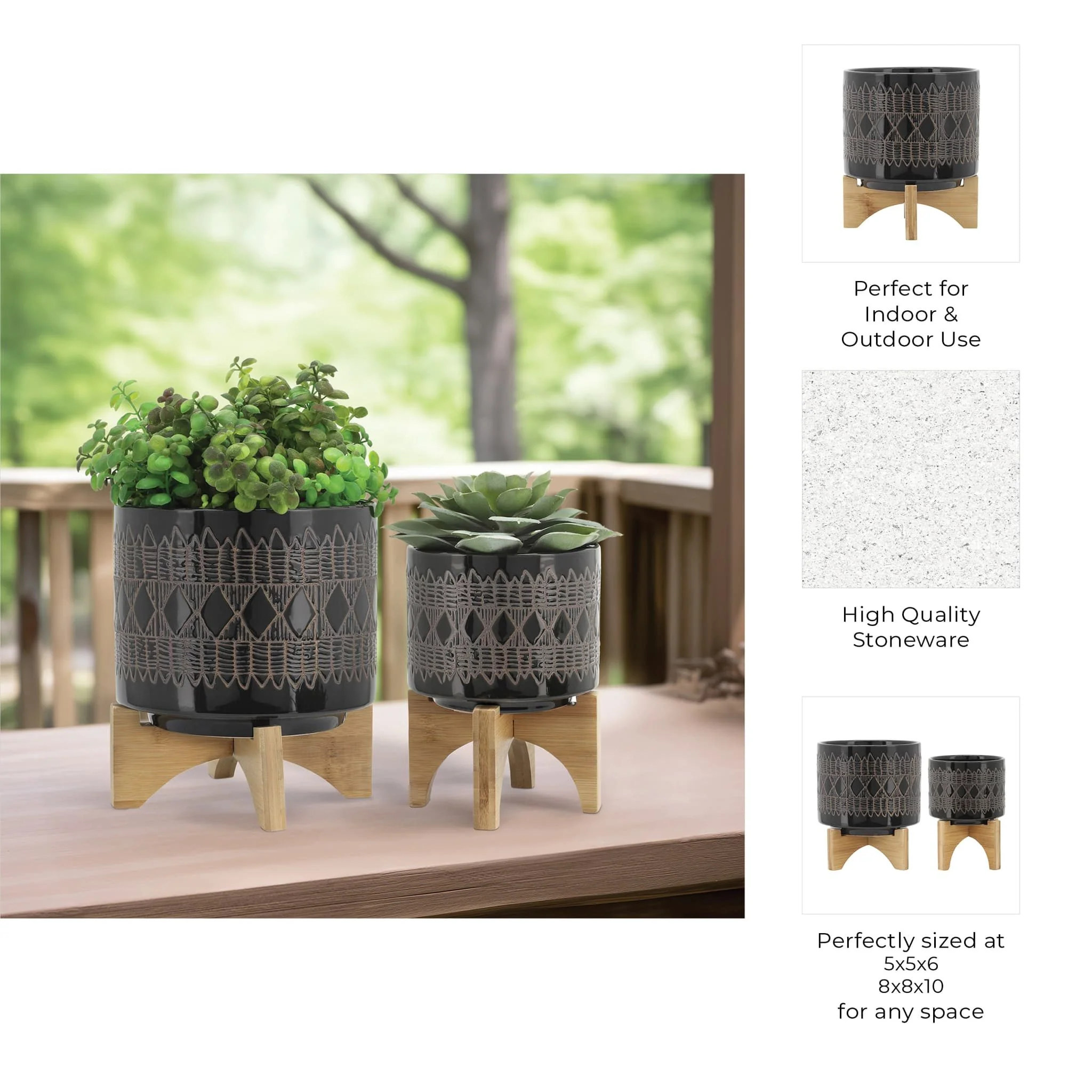 Cer, S/2 5/8" Aztec Planter On Wooden Stand, Black - Image 9