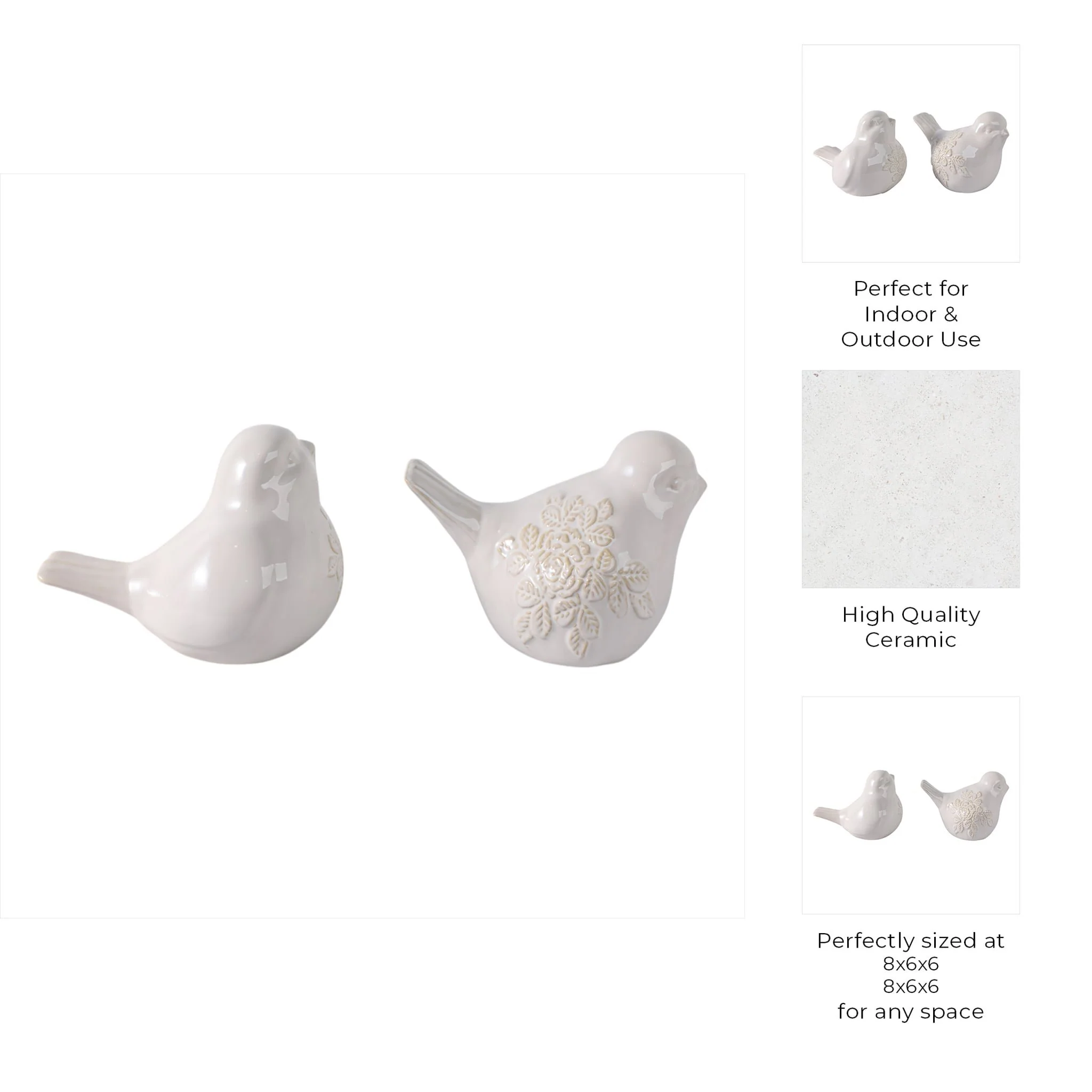 Cer, S/2, 8" Birds With Flower Decals, Ivory - Image 9