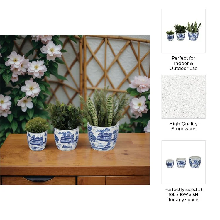 Cer, S/3 6/8/10" Chinoiserie Planters, Blue/white - Image 9