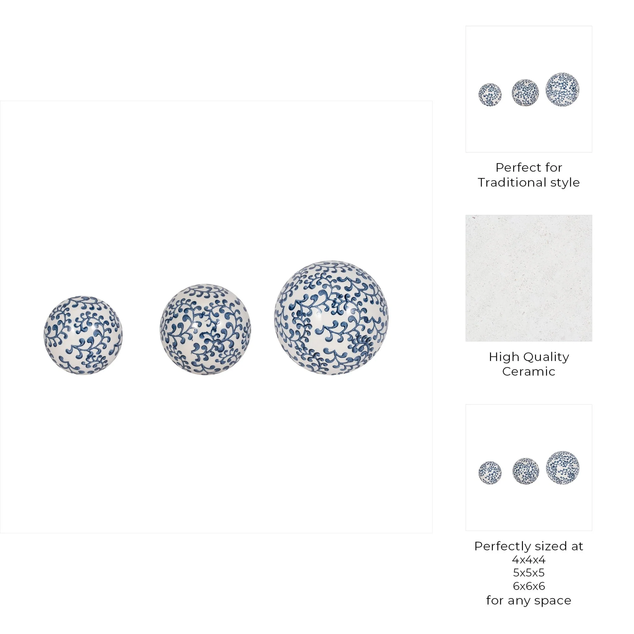 Cer, S/3 Chinoiserie Fern Orbs, 4/5/6" Blue/wht - Image 7