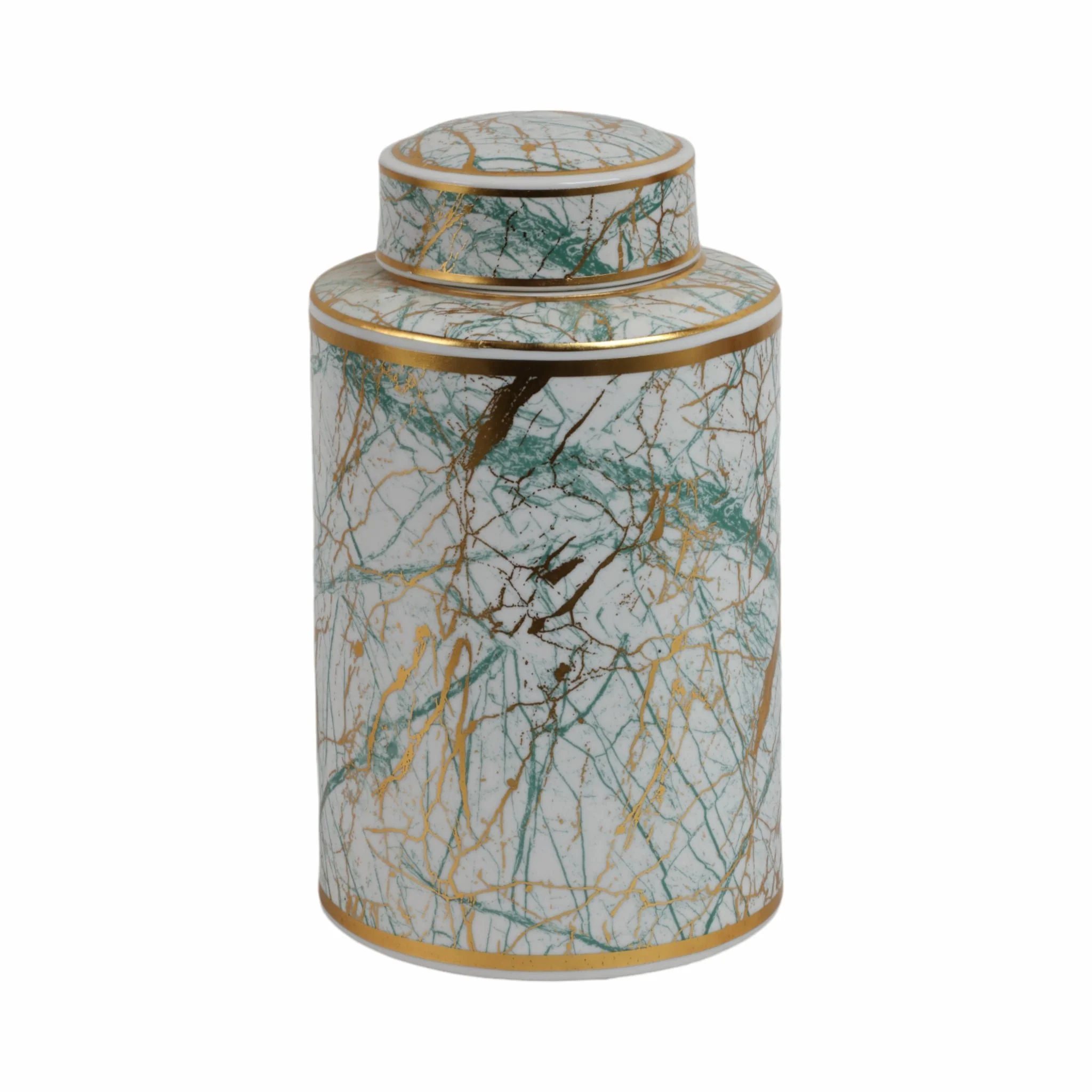Ceramic 12" Jar With Gold Lid, Green